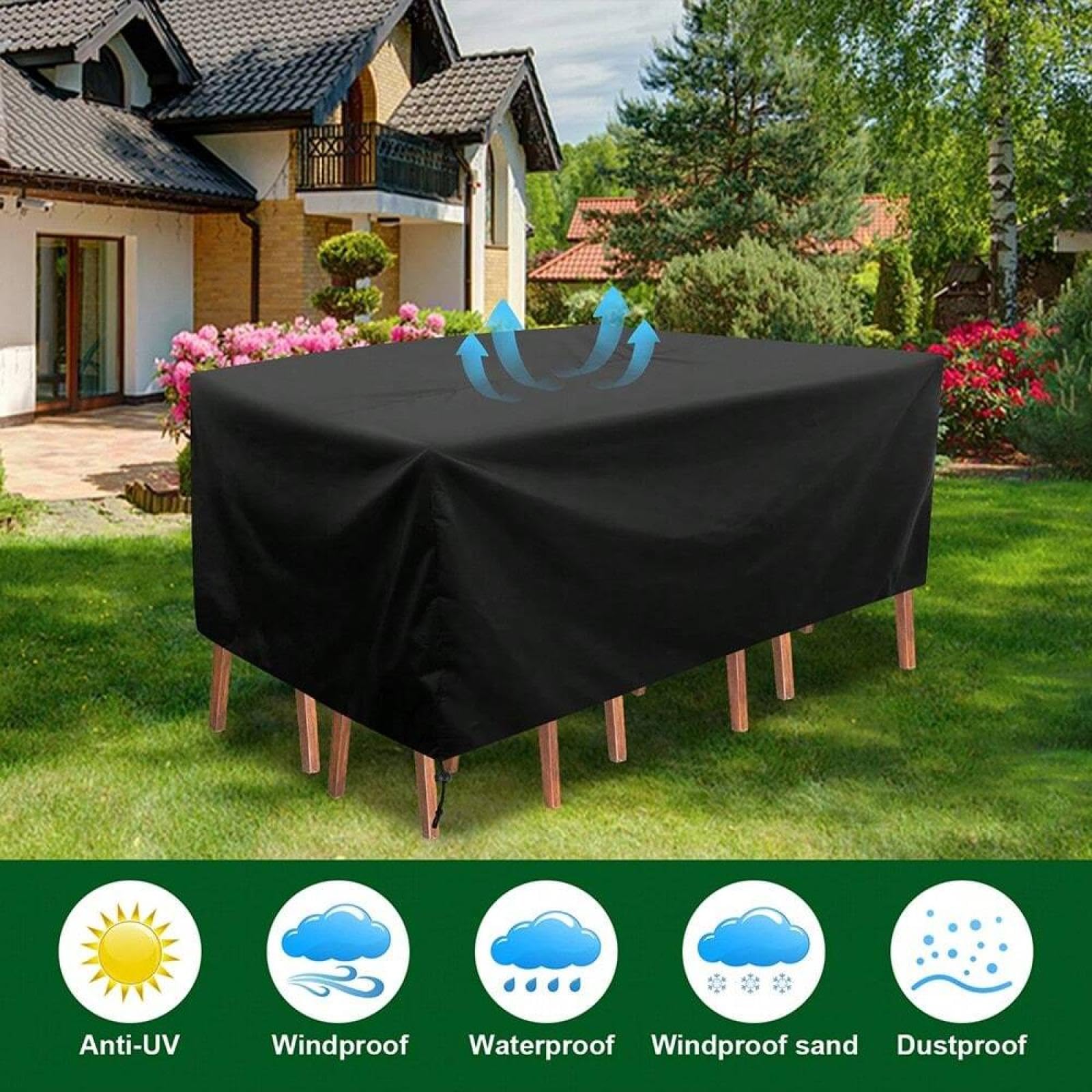 Wodoodporny pokrowiec na meble ogrodowe 420D, odporny na promieniowanie UV, osłona na sofę, salon, 420 x 150 x 100 cm, odporny na rozdarcie, wiatroszczelny, ochrona na zewnątrz, zestaw do siedzenia na