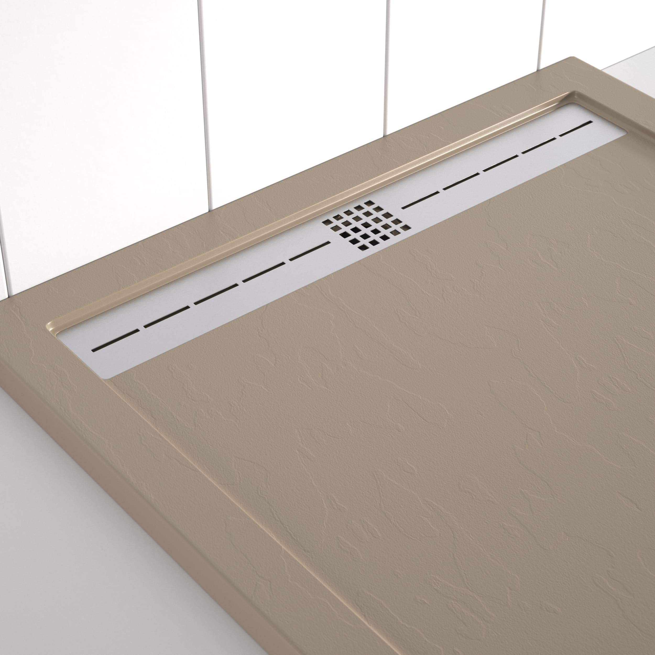 Plato de ducha resina FLOW desagüe lineal frontal color Moka 120x80 textura pizarra antideslizante rejilla extraplana integrada. Incluye válvula de desagüe