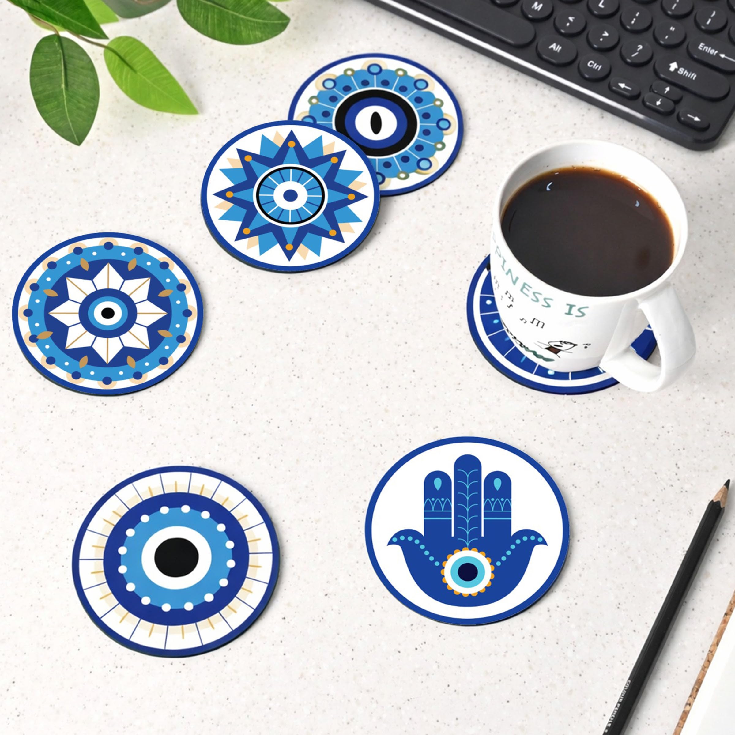 GKD Coaster Set of 6 Beautiful Wooden Evil Eye Theme Design Coasters with Proper Coaster Stand | Designer Coaster Set fit for Tea Cups, Coffee Mugs and Glasses | 6 pc Round 3.5 x 3.5 inch (Evil Eye)