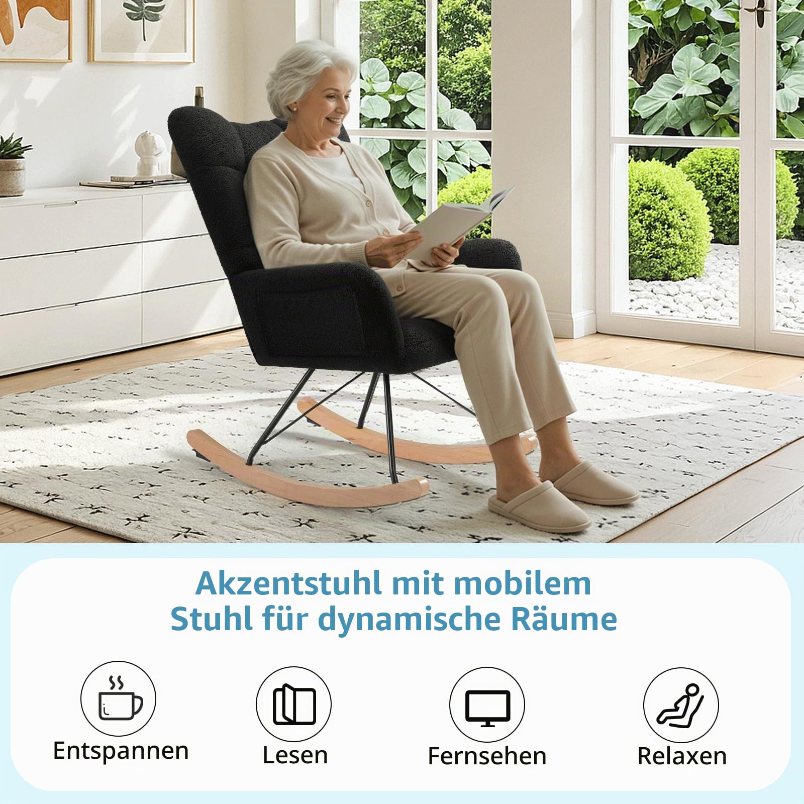 Clevich Schaukelstuhl Wohnzimmer, Schaukelsessel mit Teddystoff Gepolsterter, Holzkufen und Metallbeinen, für Wohnzimmer, Kinderzimmer, Schlafzimmer, Bis 136 kg Belastbar, Schwarz
