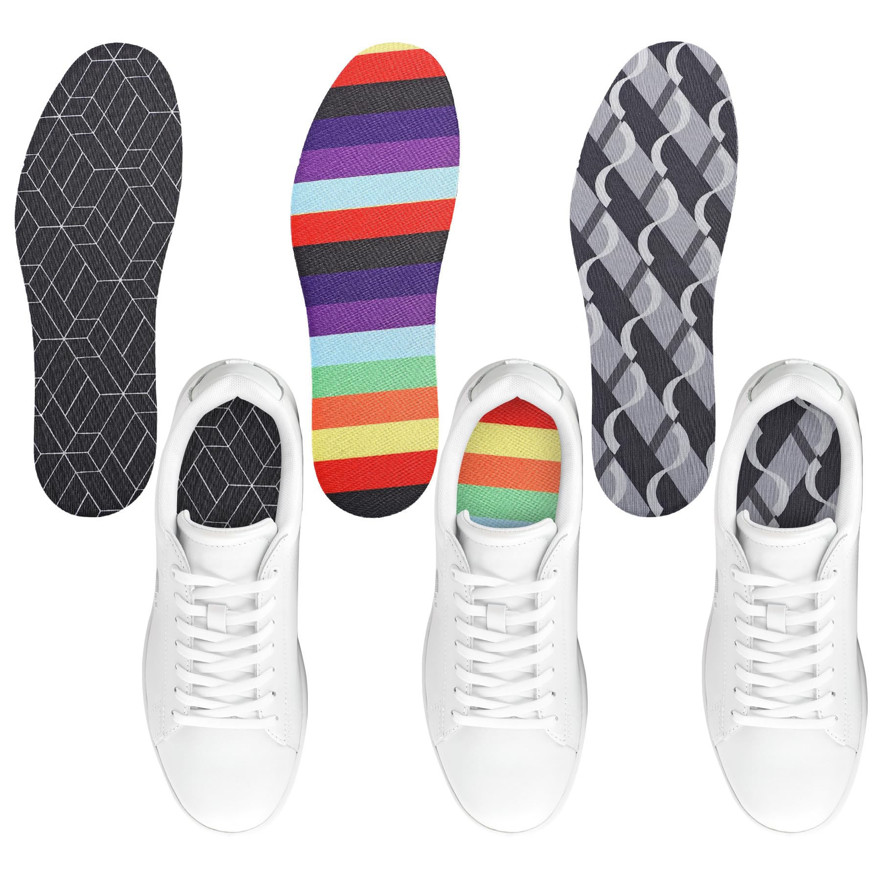 LMHCISO 3 Pairs Barefoot Insoles Inner Soles for Women,Sockless Shoe Inserts,Anti-Odor Non Slip,Washable,Rainbow Geometry Print,Size 6-9