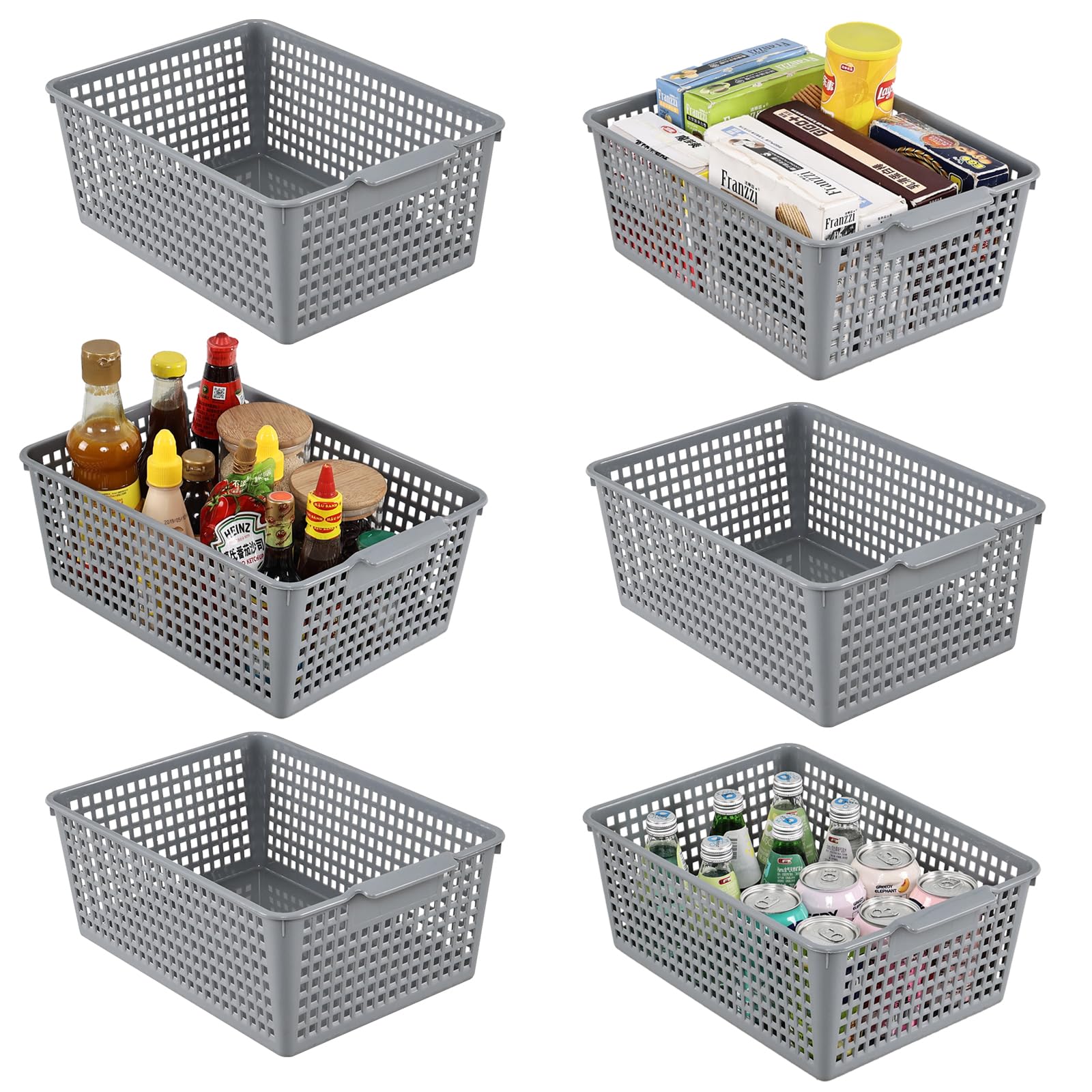 Minekkyes Set of 6 Plastic Cupboard Basket, Large Rectangle Storage Baskets for Home Office Bathroom Shelves(Gray)