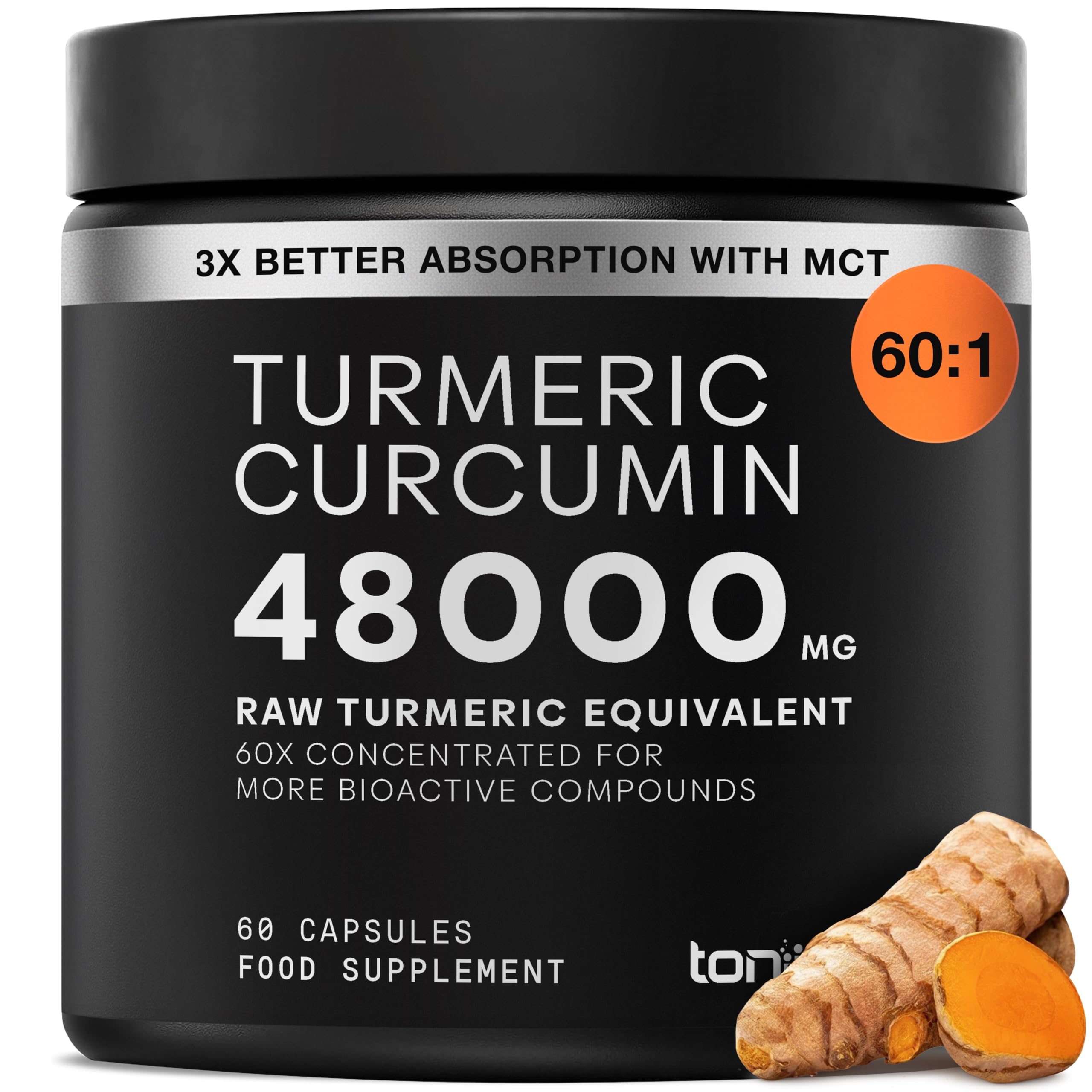 Turmeric Curcumin - 48000mg from a 60:1 Extract with 95% Curcuminoids - 800mg Per Serving - Black Pepper & MCT Oil for Enhanced Absorption - Third-Party Lab Tested - 60 Capsules