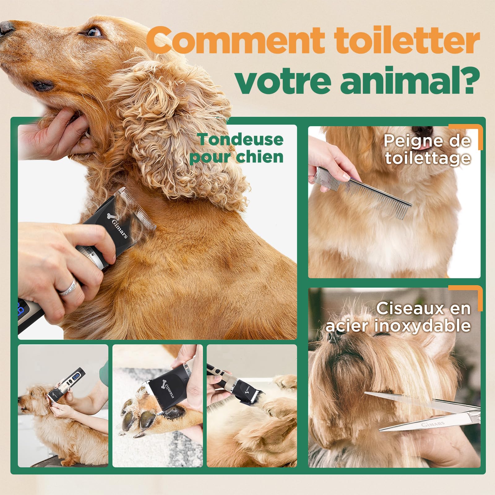 Gimars 3 en 1 Tondeuse Chien Professionnelle 4 Vitesses 7000 RPM, Tondeuse pour Chien Poil Long Epais Silencieuse, Animaux Rechargeable Sans Fil pour Chats et Chiens