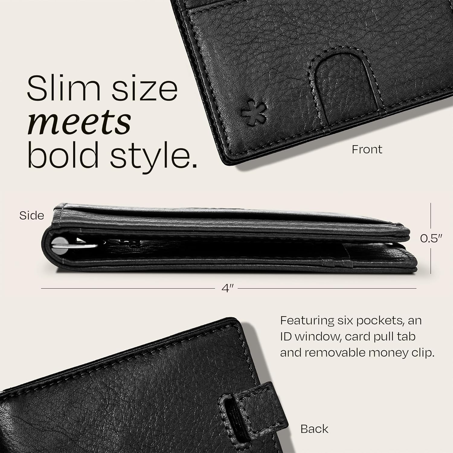 Swear Brands Full Grain Leather Wallet with RFID Blocking & Money Clip - Minimalist Bifold Wallet Holds 12 Cards - Easy Access Pull Tab - Ethically Sourced (Black) - Image 4