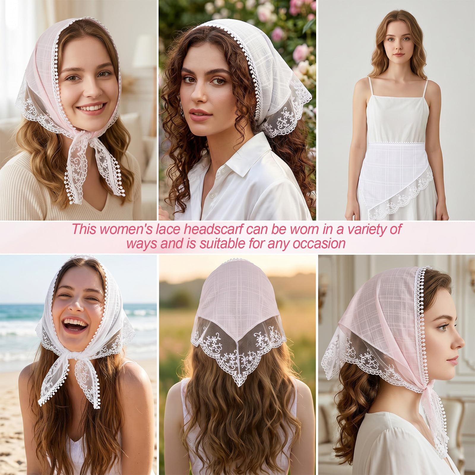 2er-Pack Spitzen-Bandanas, Kopftuch für Damen, süßes, stylisches Dreiecks-Kopftuch, weißes Haarband für Hochzeiten, Braut-Accessoires fur Frühling und Sommer (Weiß/Rosa)