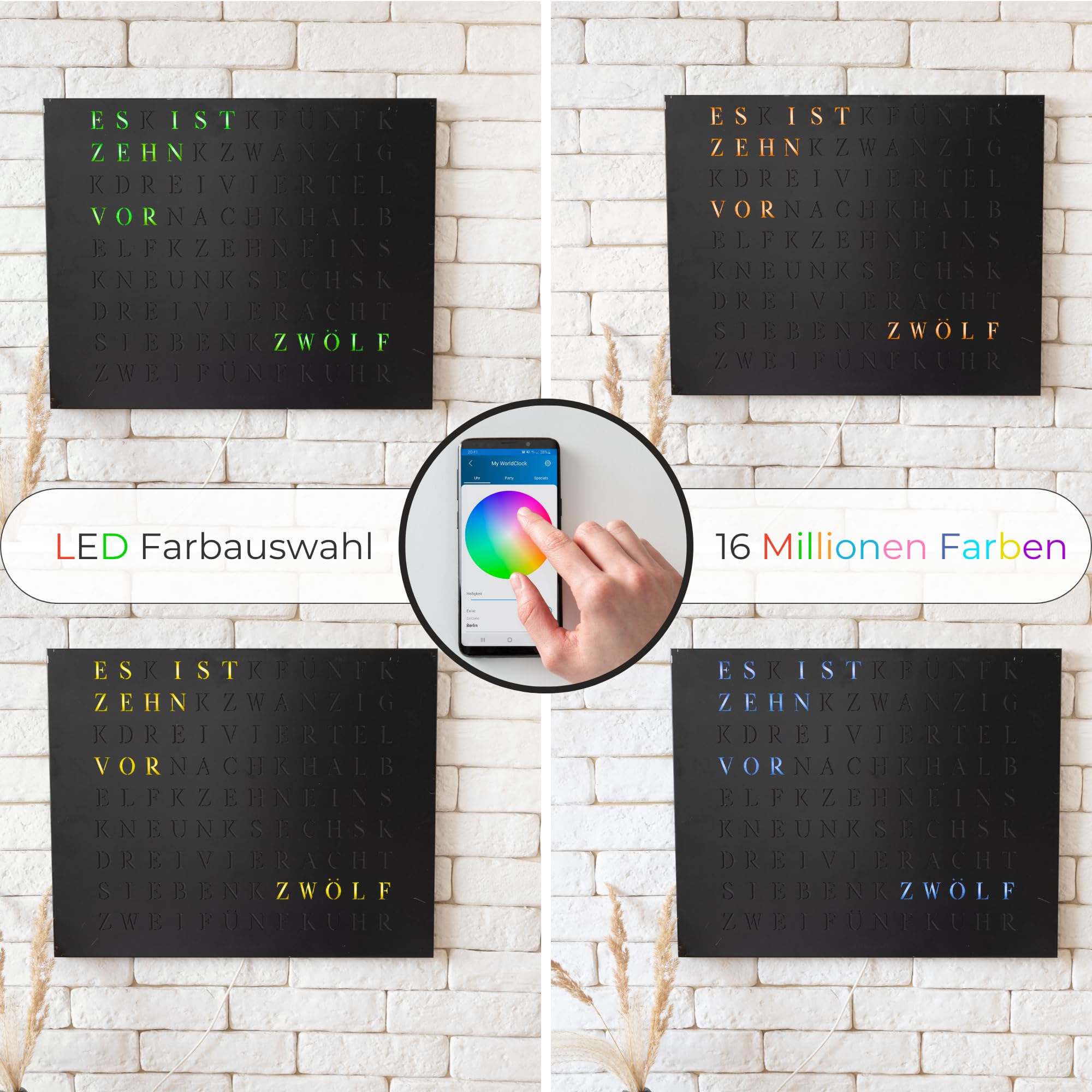 WordClock Jupiter 50 x 40 cm - Black Edition mit pulverbeschichteter Front und schwarzem Diffusor Infinity Edge Design - LED WortUhr mit App-Steuerung (IO Software, offlinefähig)