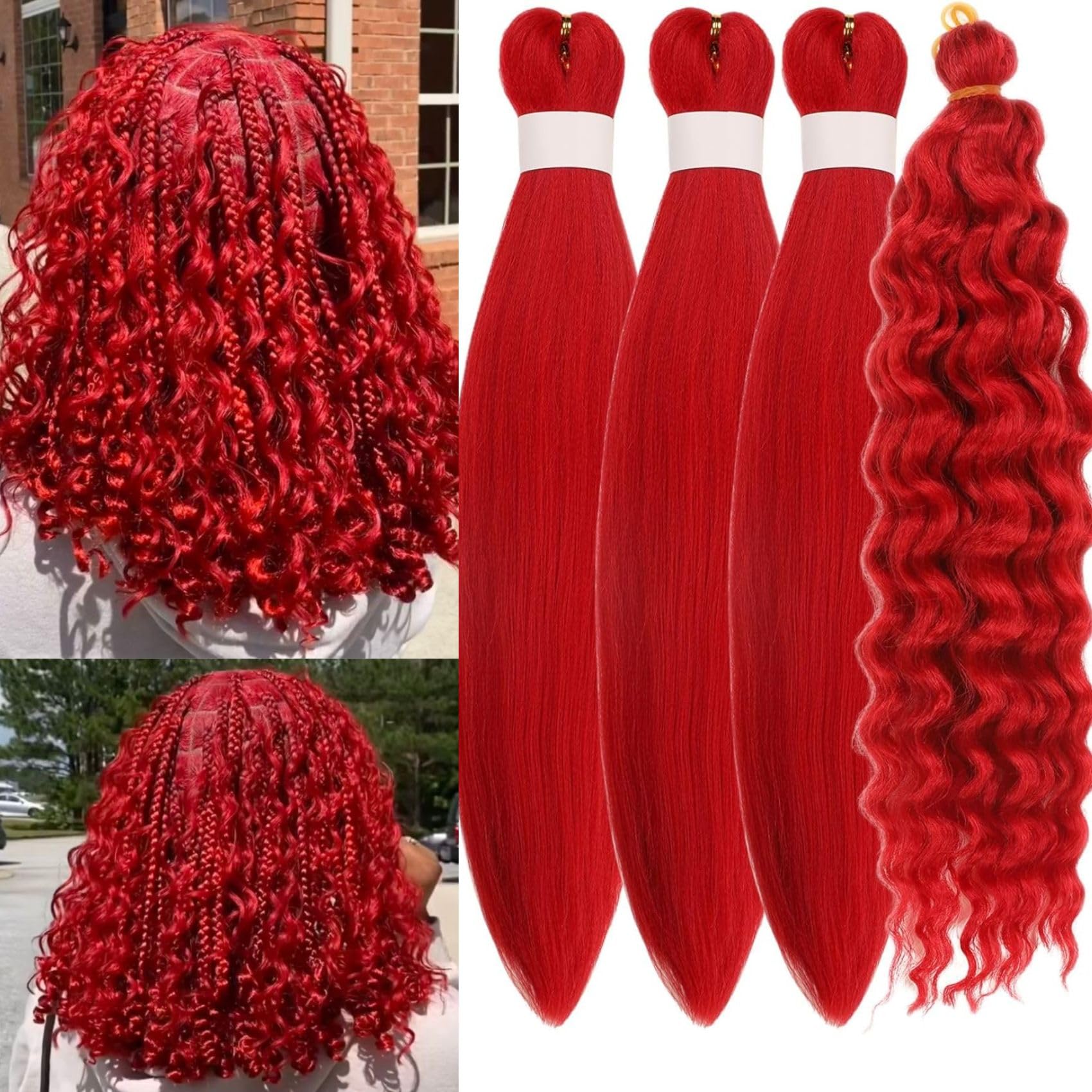 Bright Red Braiding Hair Pre stretched Braid 32inches 3 Packs with 1 Pack Deep Wave Crochet Braids for Short Boho Braids Boho Braiding Hair