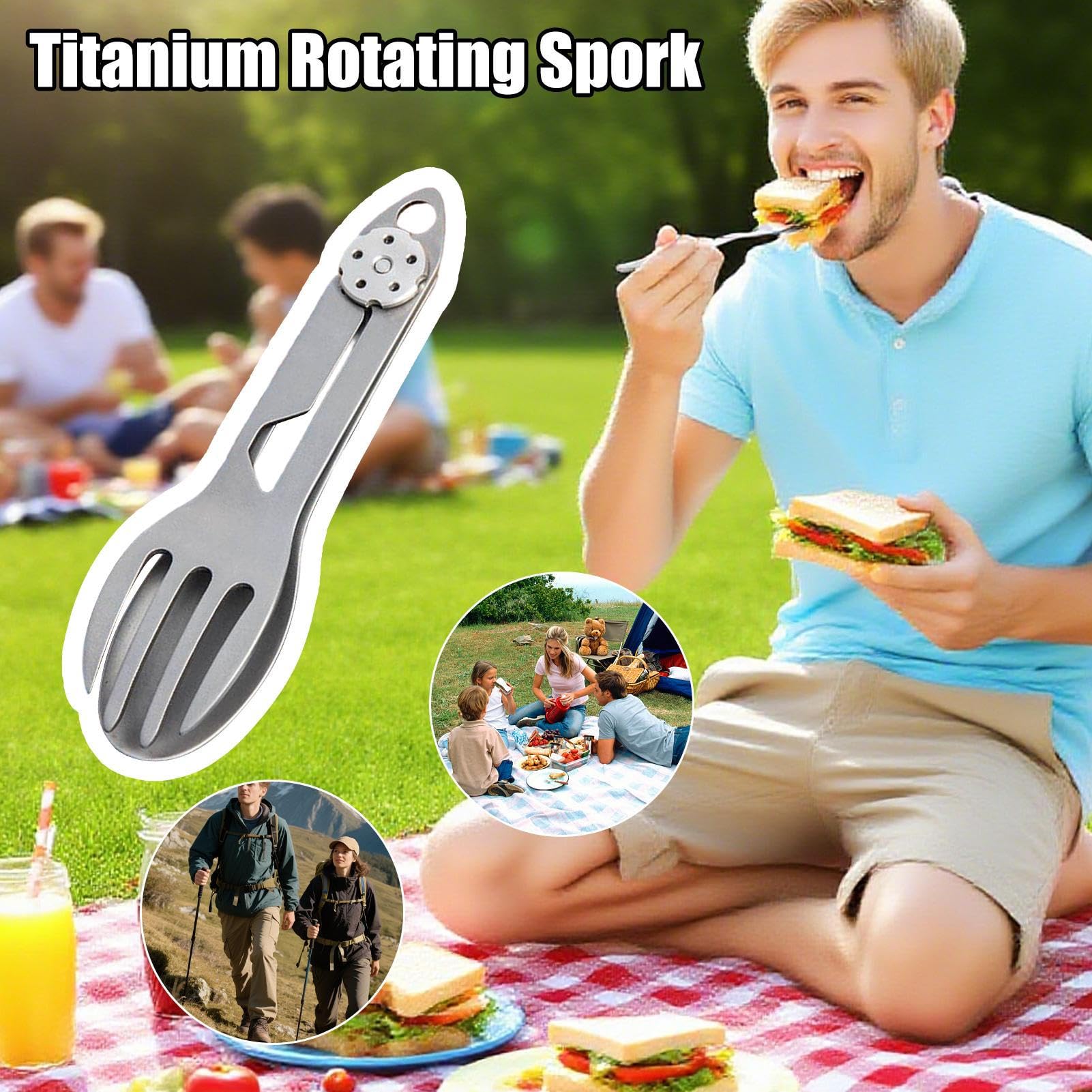 Titanium Rotating Spork – 2 w 1 sk?adana ?y?ka i widelec piknik, naczynia kempingowe do grillowania, w?drówek, pikników, podró?y, aktywno?ci ?wie?ym powietrzu