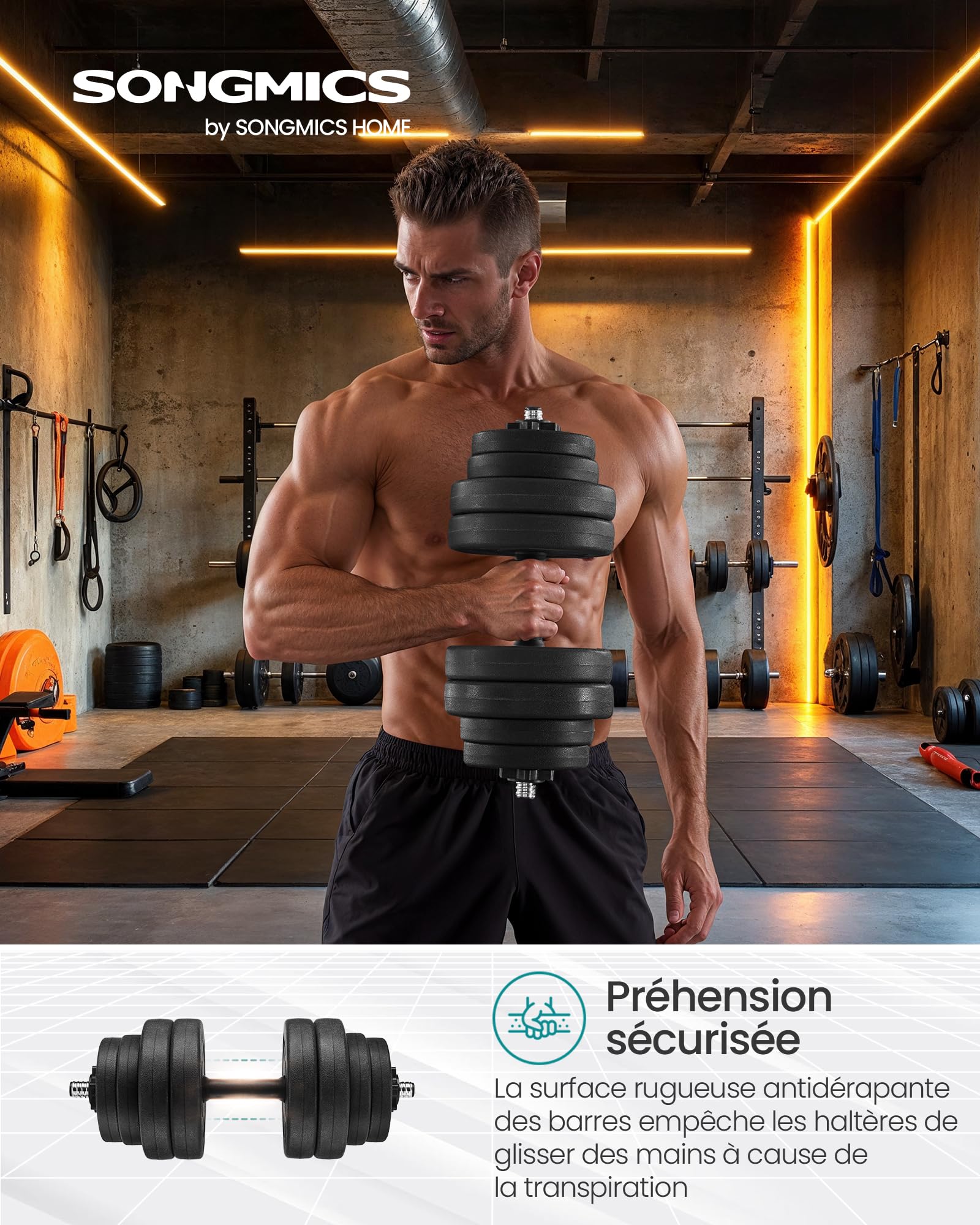SONGMICS Kit Haltères Musculation, Poids Réglable, Revêtement en Plastique, Fitnesse, Musculation, à la Maison, avec Barre d’Extension Supplémentaire en Acier