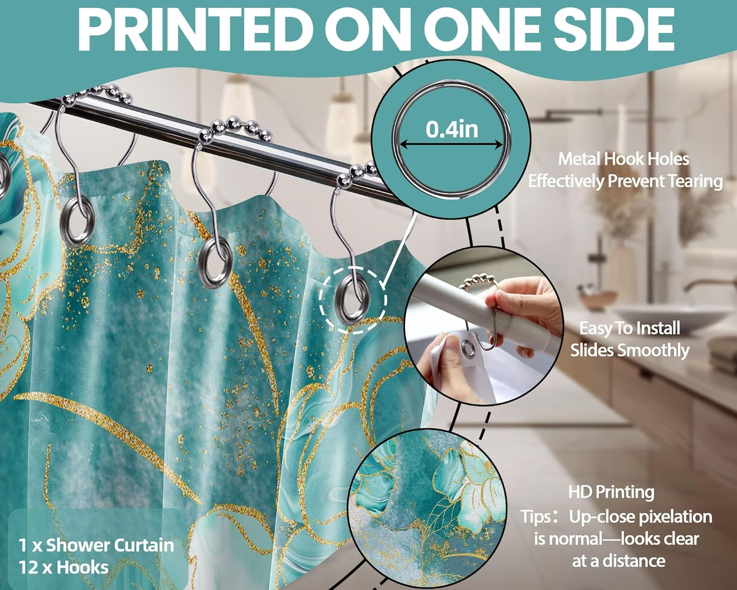 Turquoise Shower Curtain Aqua Teal and Gold Abstract Floral Shower Curtains for Bathroom Decor Set, Waterproof Fabric with Hooks 70 x 84 Inch
