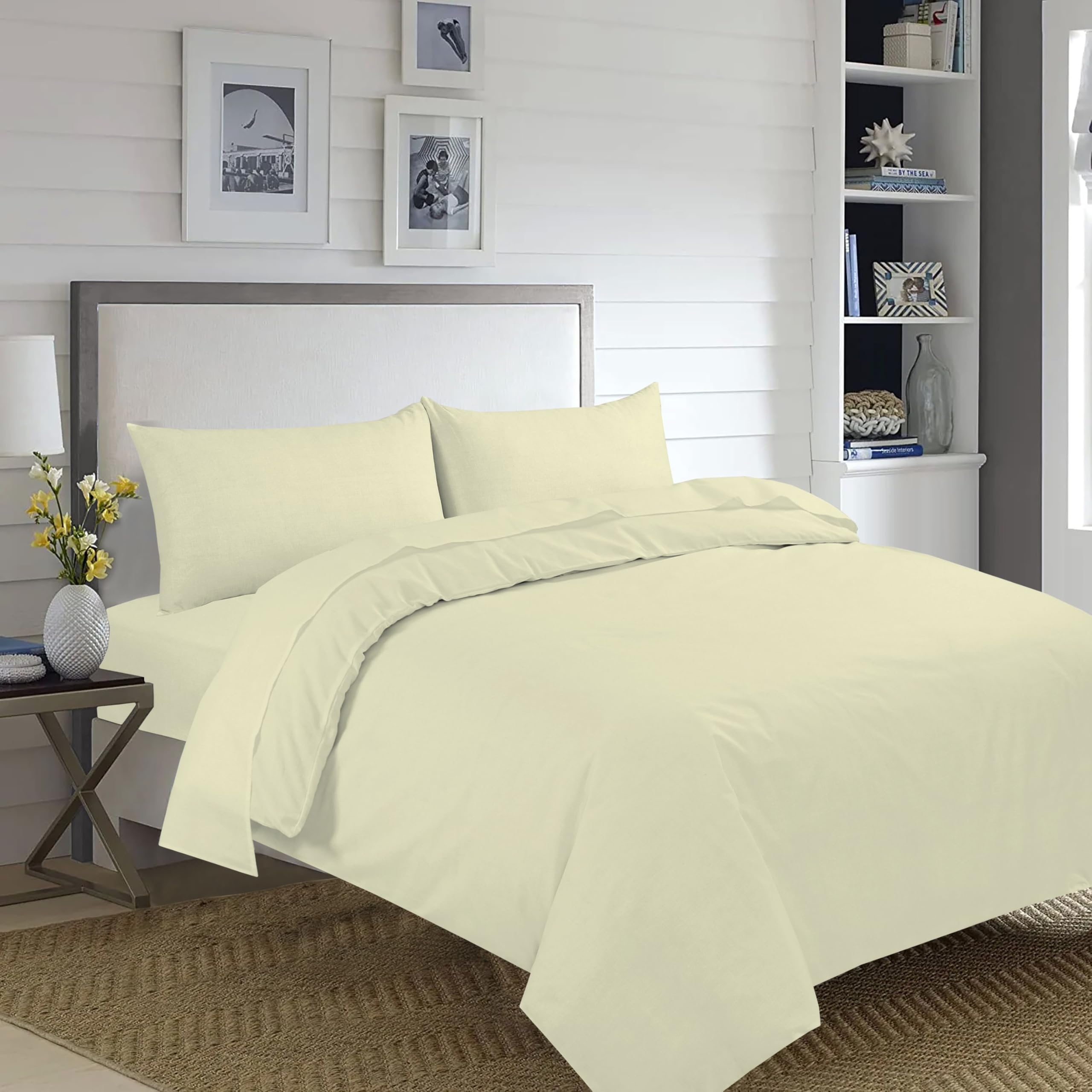 Home Living NON IRON Luxury Easycare Plain Dyed Duvet Cover & Pillow Case(s) Bedding Set (Cream, Single Bed Complete Set)