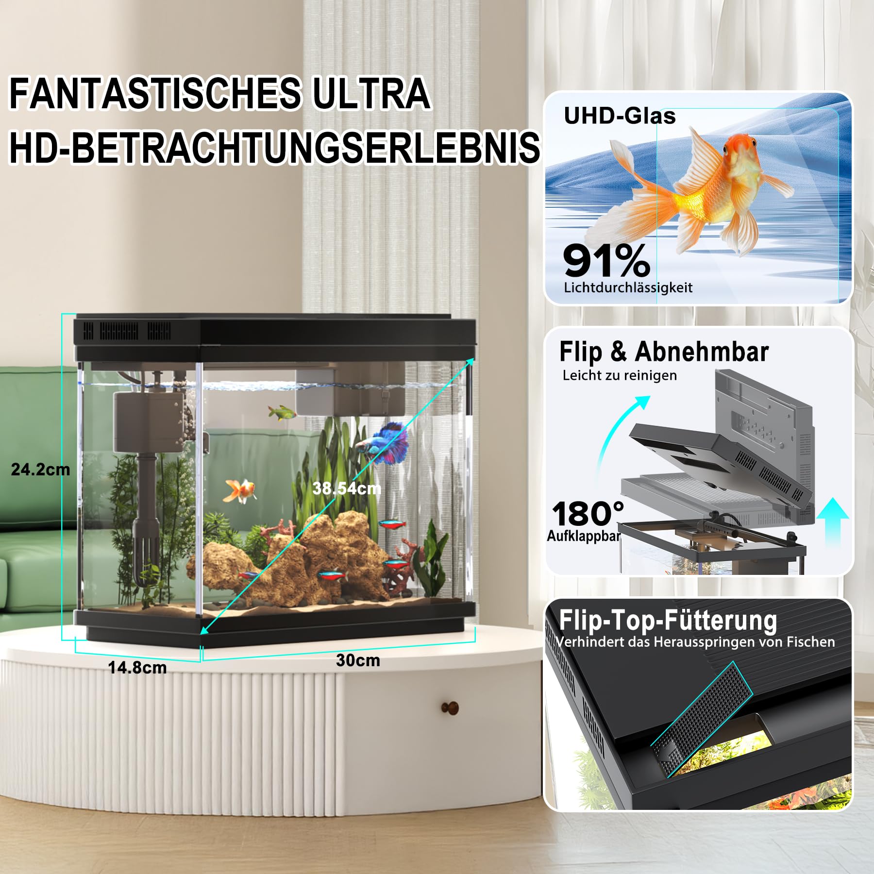 Vehipa Nano Aquarium 9L Klein mit intelligentem Luftbefeuchter, Temperaturanzeige, UHD-Glas, 7-Farben-Beleuchtung, 3-in-1 Leise Pumpe