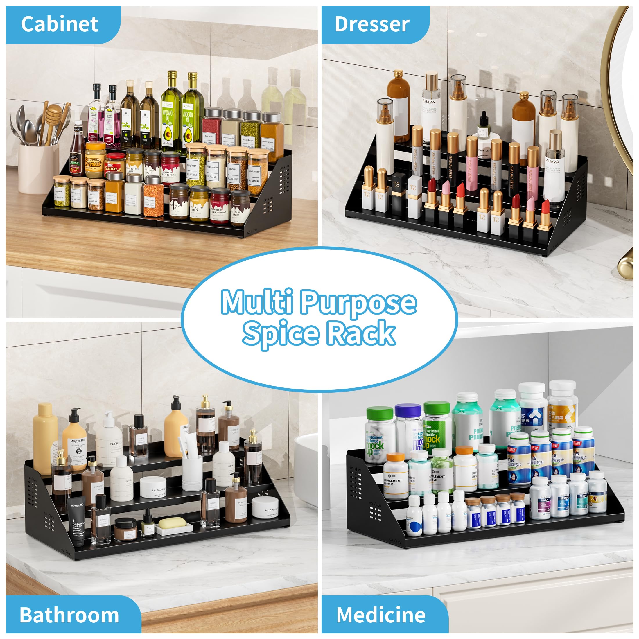 BOIVSHI Étagère à épices extensible en largeur (Noire) – Rack de cuisine sans perçage pour organisation d'armoire