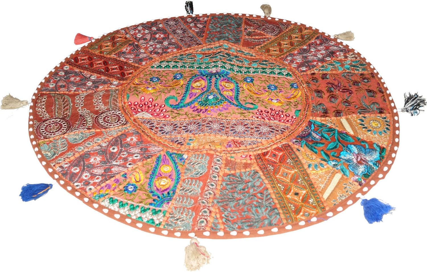 Sophia Art Round Floor Pillow Cushion Patchwork Pouf Ottoman Vintage Indian Foot Stool Bean Bag Floor Pillow Cover Home Decor Living Room Ottoman Bohemain Pillows (Brownish Red, 16 Inch)