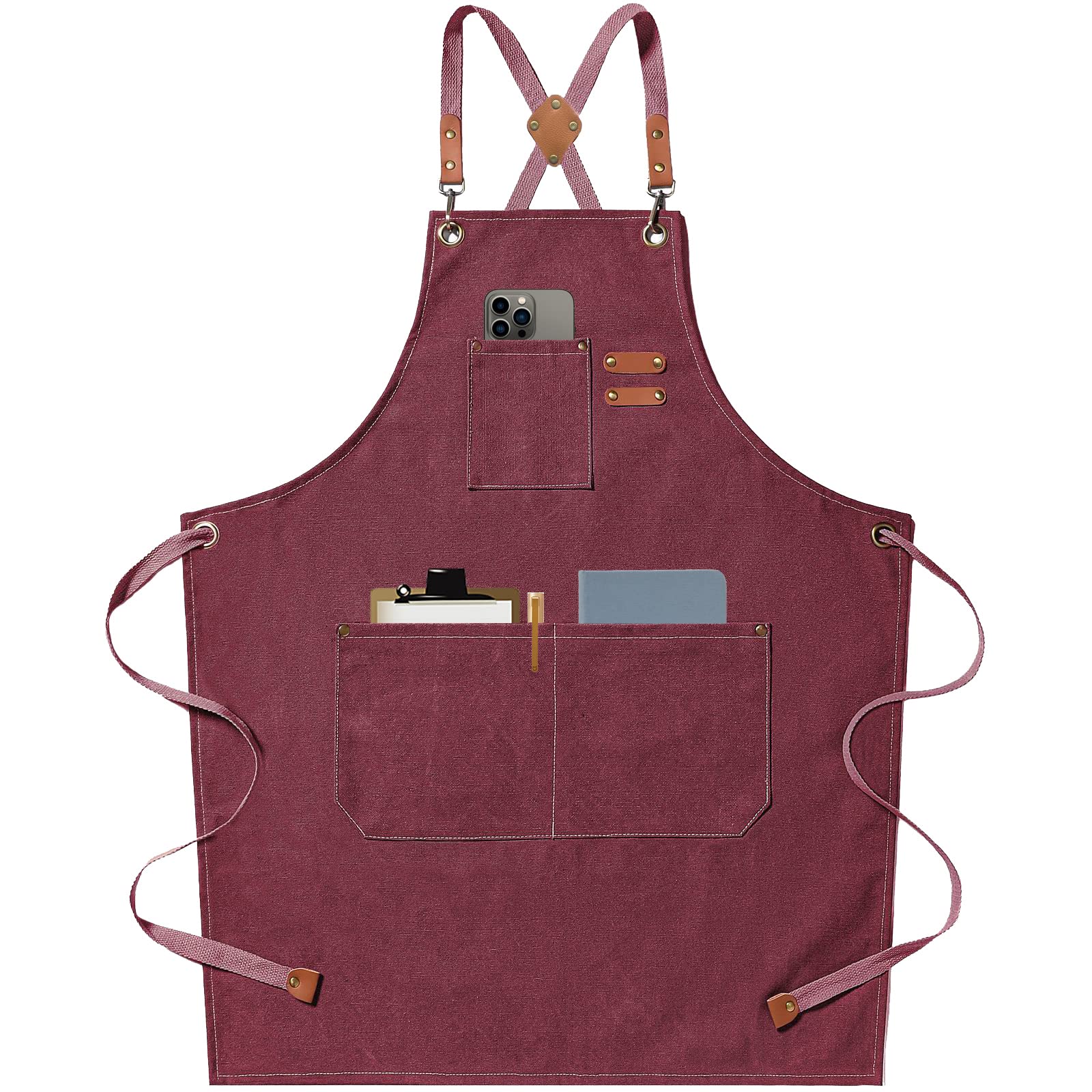 AFUNChef Aprons for Men Women with Large Pockets, Cotton Canvas Cross Back Heavy Duty Adjustable Work Apron, Size M to XXL(Darkred)