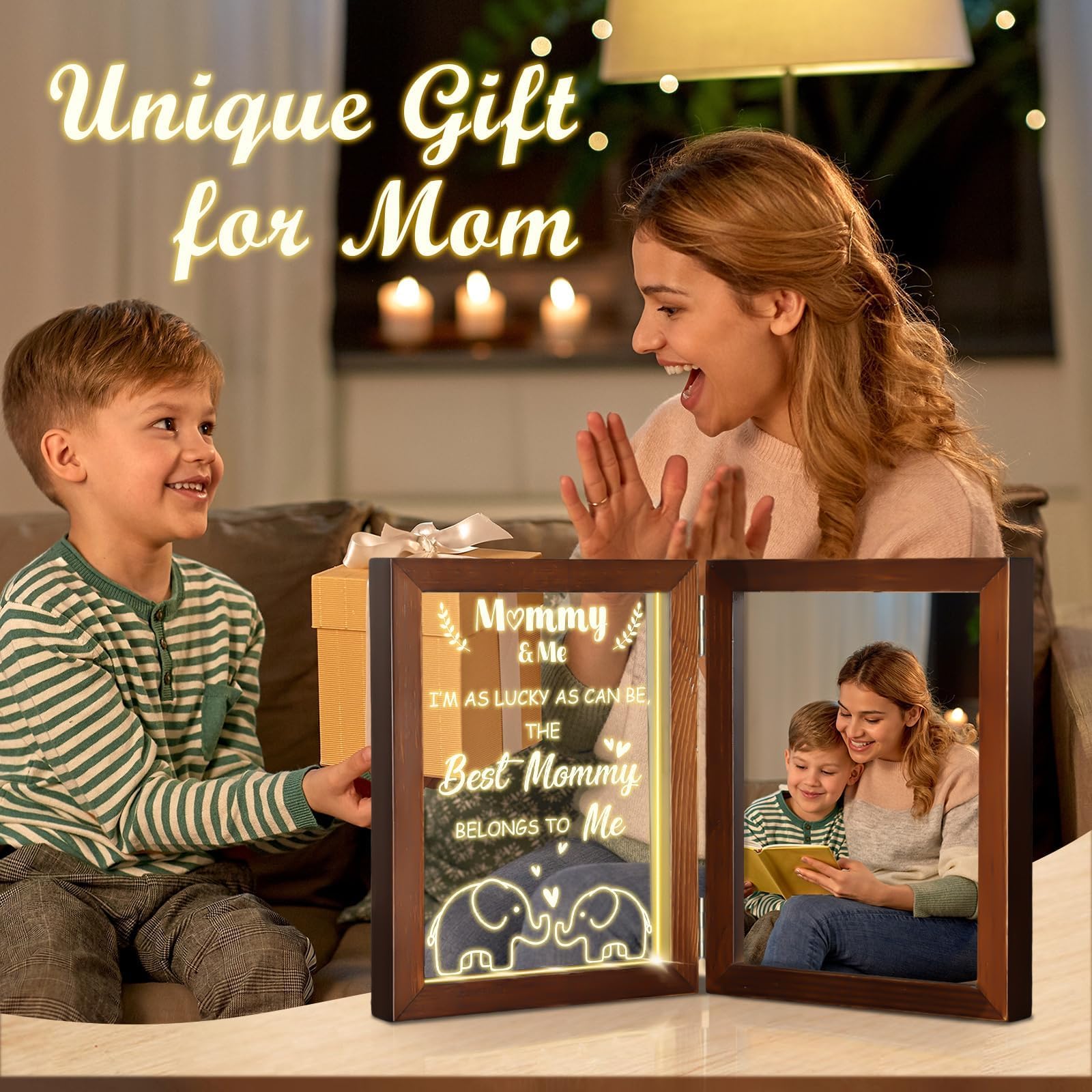 New Mom Gift - Light Up Mommy & Me Picture Frame With Elephants, Foldable 5x7 Photo Frame - View #2