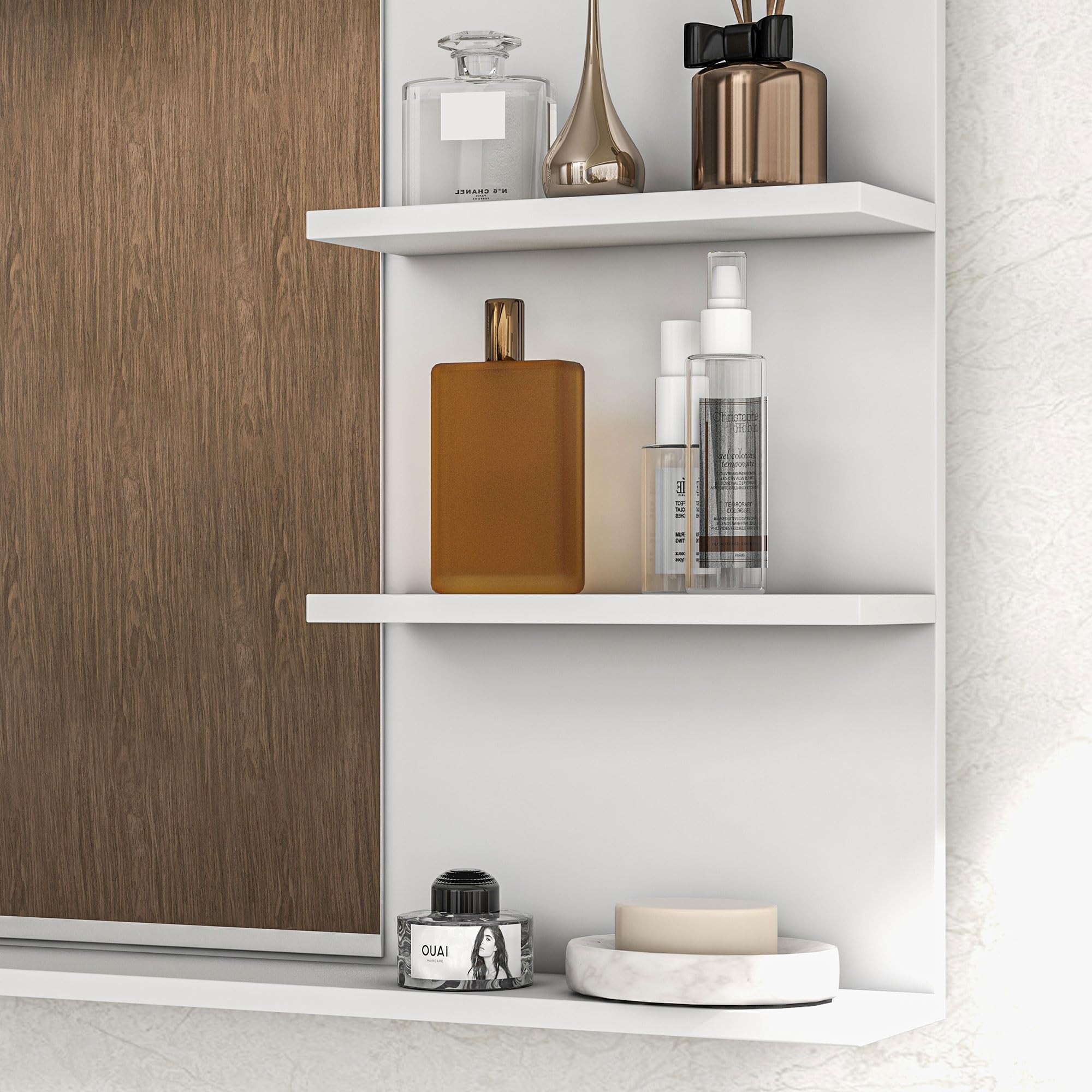 kleankin Specchio Bagno Moderno con 2 Ripiani Laterali e Ripiano Inferiore, Specchio da Parete in MDF e Vetro, 75x10x48 cm, Bianco