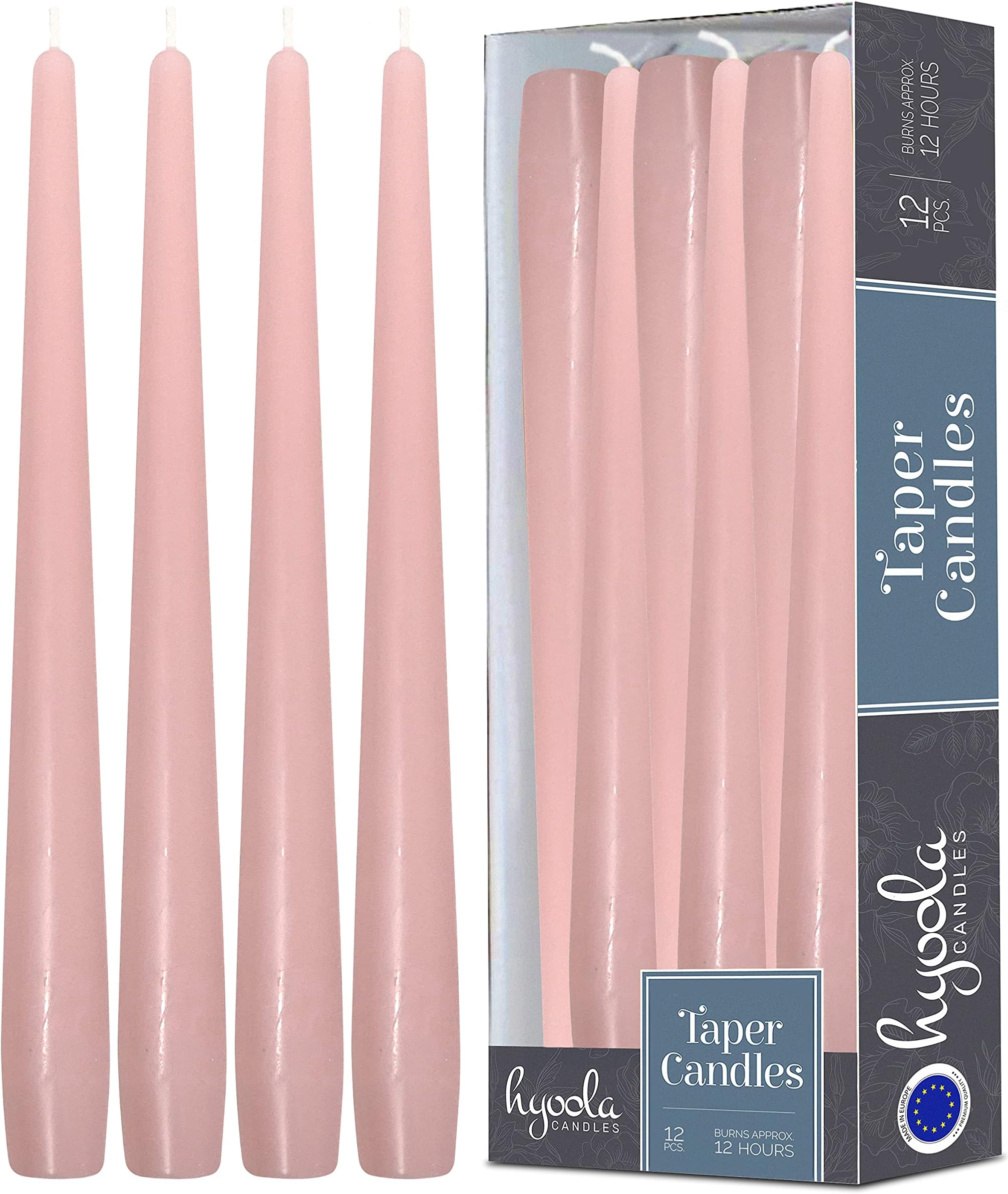 Hyoola Tall Taper Candles - 12 Inch Light Pink Unscented Dripless Taper Candles - 10 Hour Burn Time - 12 Pack