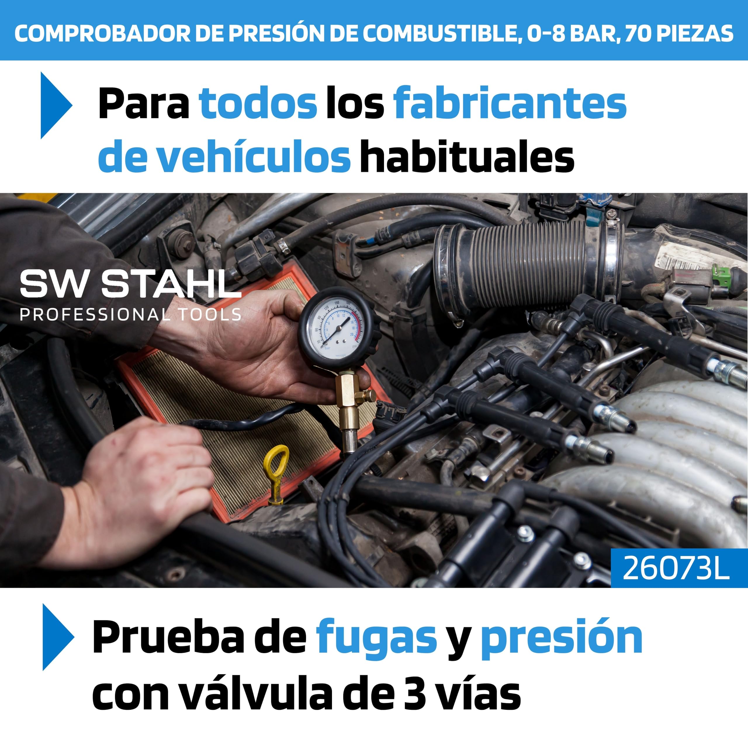 SW-Stahl 26073L Extractor Mecánico - Medidor de Presión para Motores | Equipo de prueba universal para presión de combustible en motorizaciones de gasolina, herramienta de diagnóstico preciso