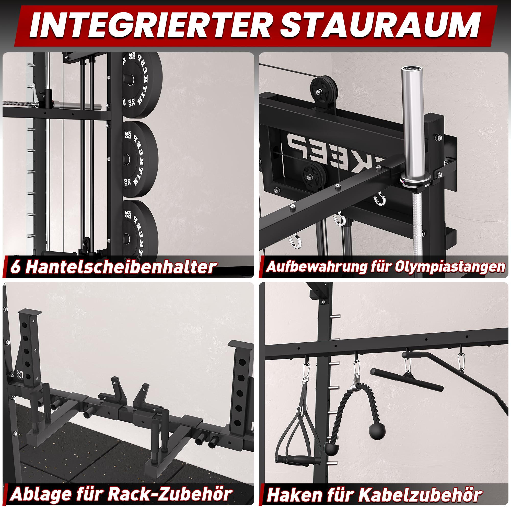 Smith Machine mit Jammer Arms, Beinpresse-Board und Bank – RitKeep PMAX-4750, duales scheibenbeladenes Fitnessgerät mit einstellbarem 1:1- & 2:1-Flaschenzugsystem