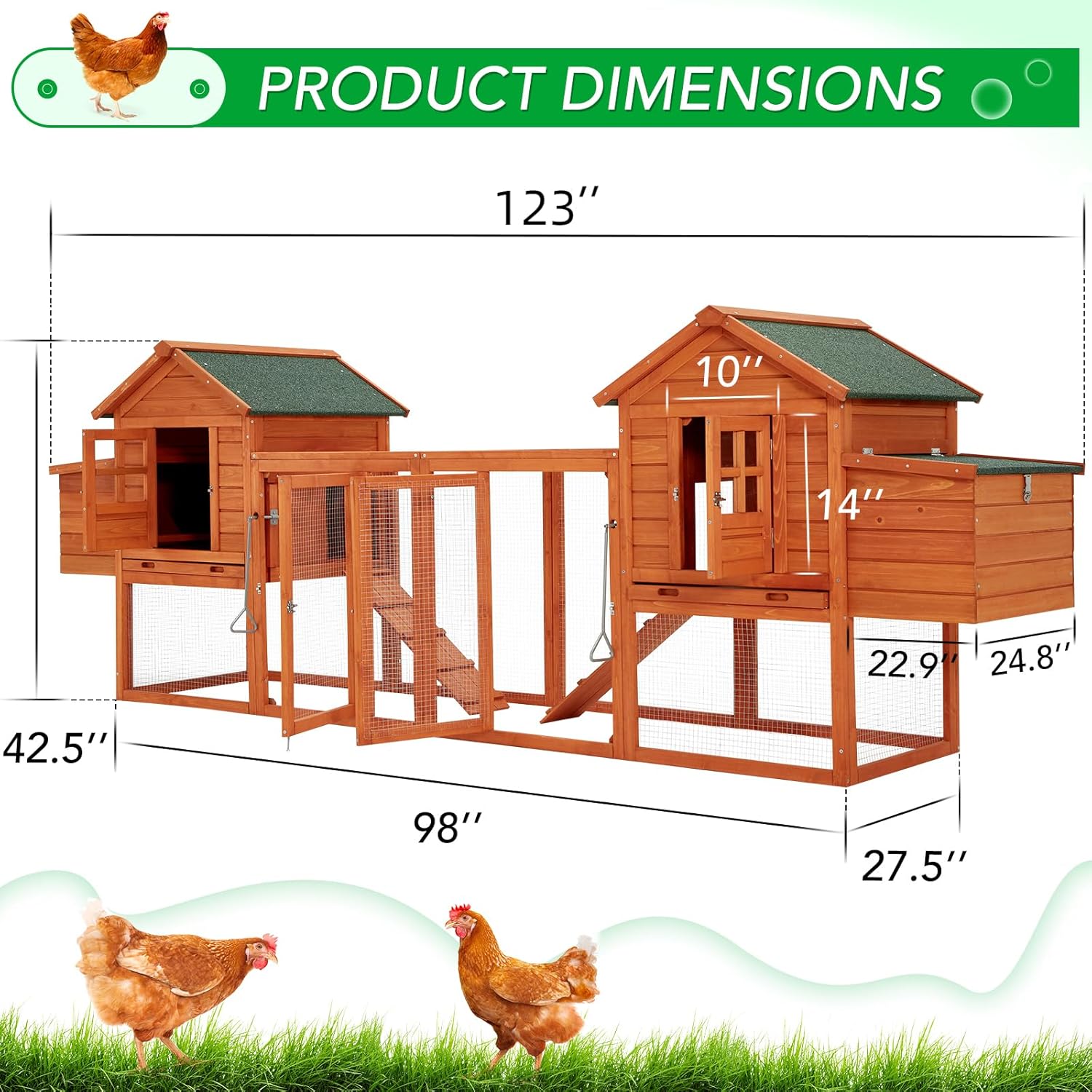 AECOJOY 123“ Chicken Coop for 10 Chickens, Large Chicken Coop with Run, 4 Nesting Boxes, Wooden Hen House Outdoor Chicken House Poultry Cage with Removable Tray, Roosting Bars, Ramp, Brown