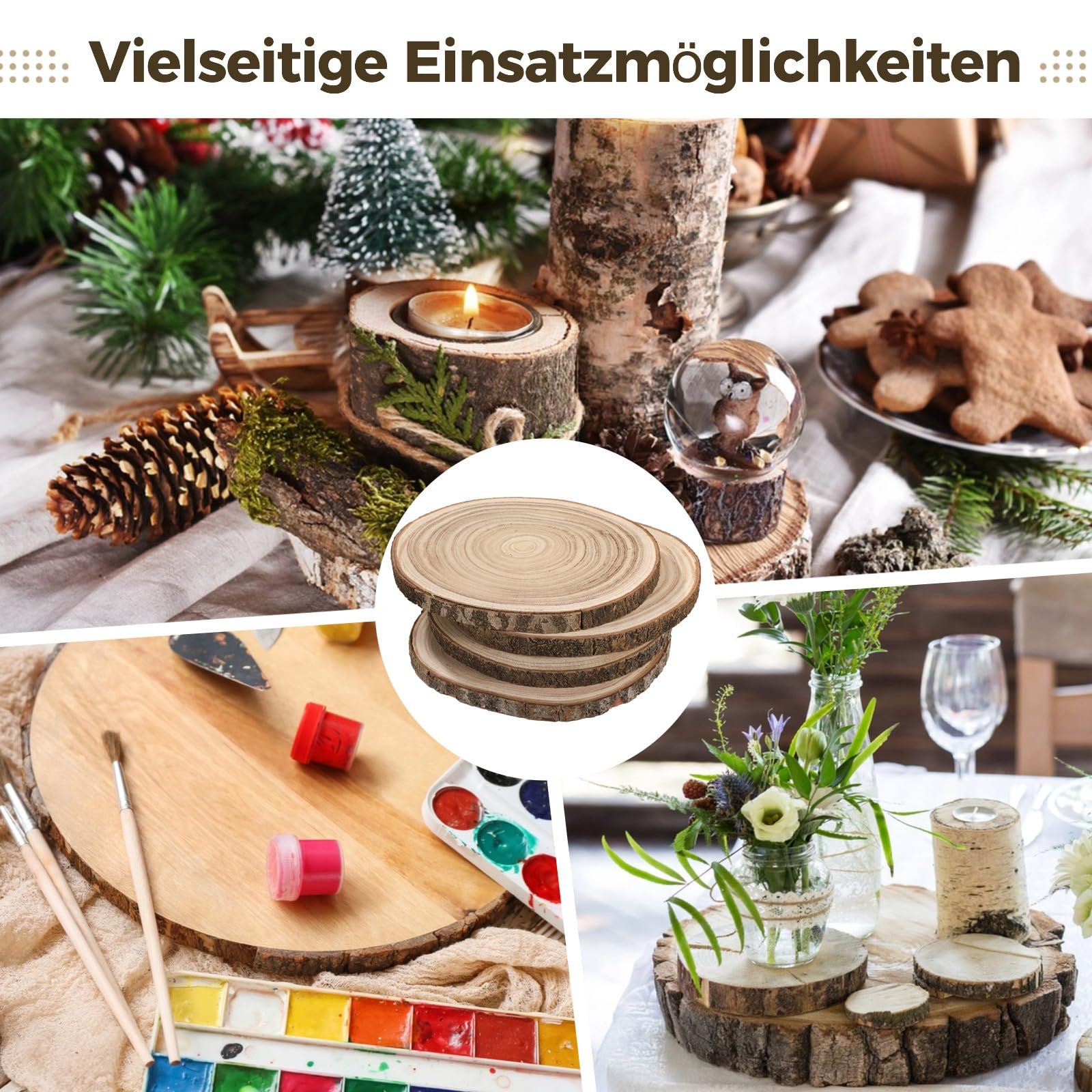 4 Stück Paulownia Holzscheiben 30-35 cm, Unbehandelte Holzscheiben für Bastelarbeiten, 2 cm dick, Natürliche Baumrinde Kreise für DIY-Projekte und Wohnkultur
