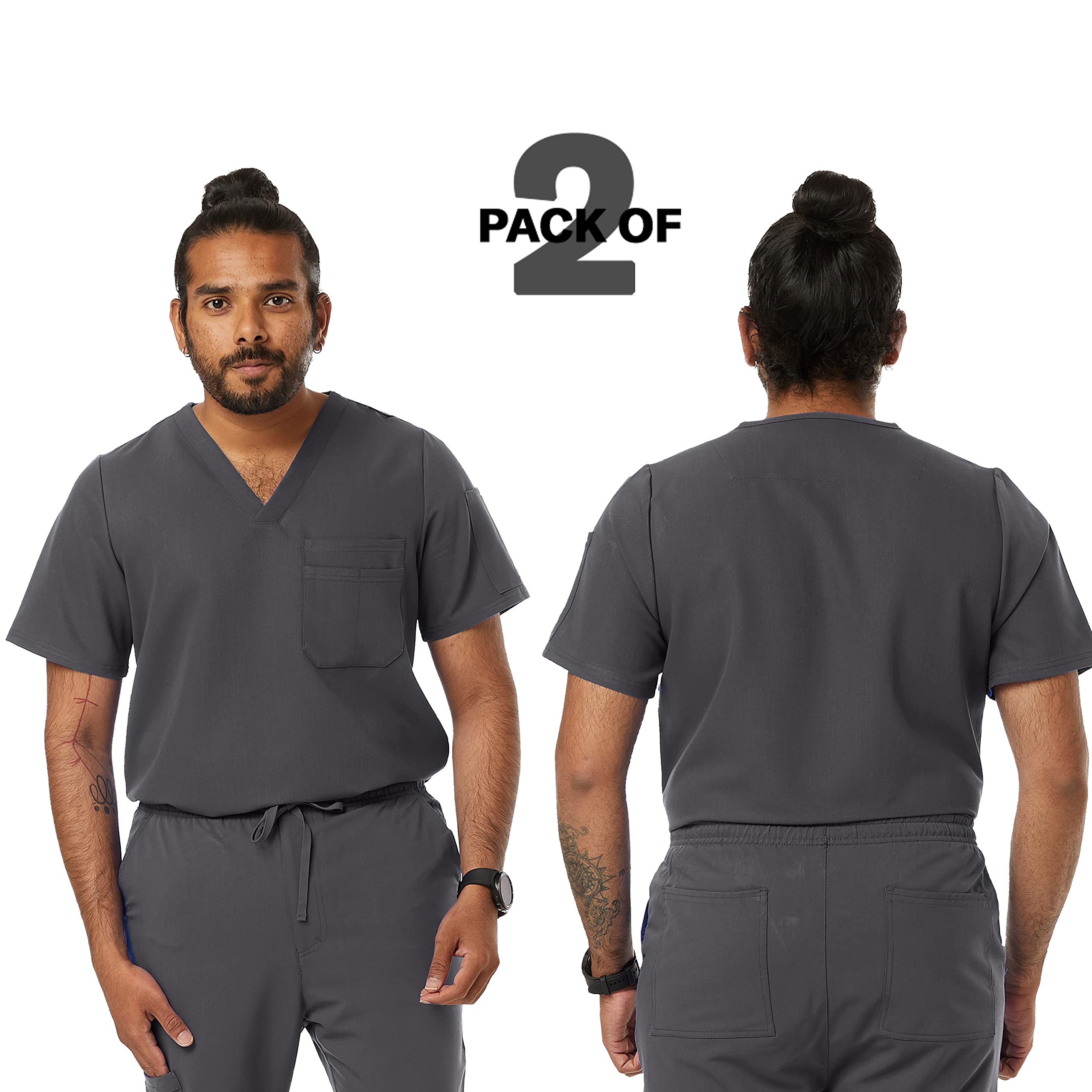SPECTRUM UNIFORMS Wynd Men's Tuckable Scrub Top Medical Uniform V-Neck Soft Fabric, Outfit Ideal for Men at Hospital Workspace, Medical Practice, and Professionals - Pack of 2 Steel Grey