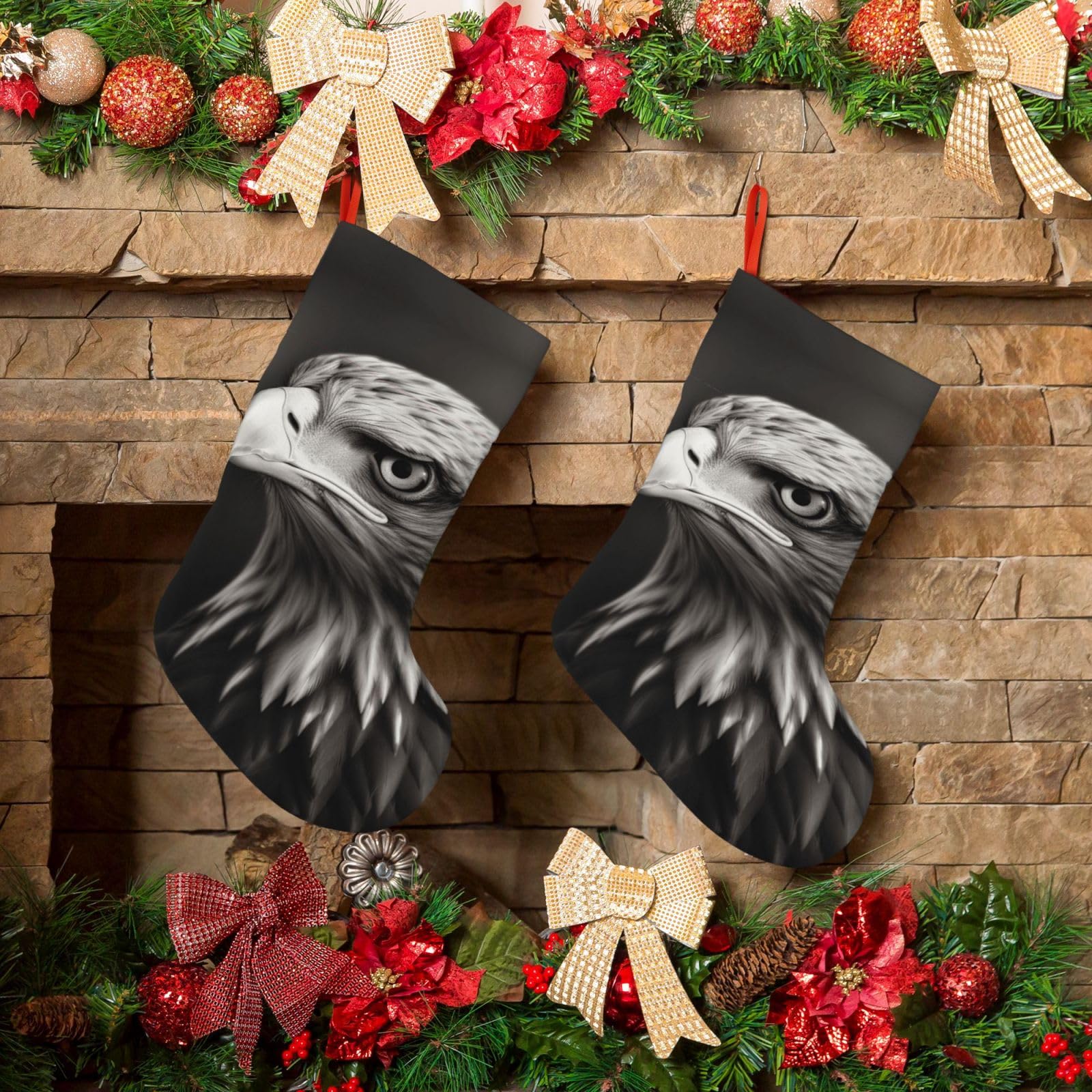 Eagle Black and White Christmas Stockings 18 Inches Velvet Xmas Fireplace Hanging Stocking Rustic Christmas Santa Stockings for Home Christmas Decorations Party Favor Supplies