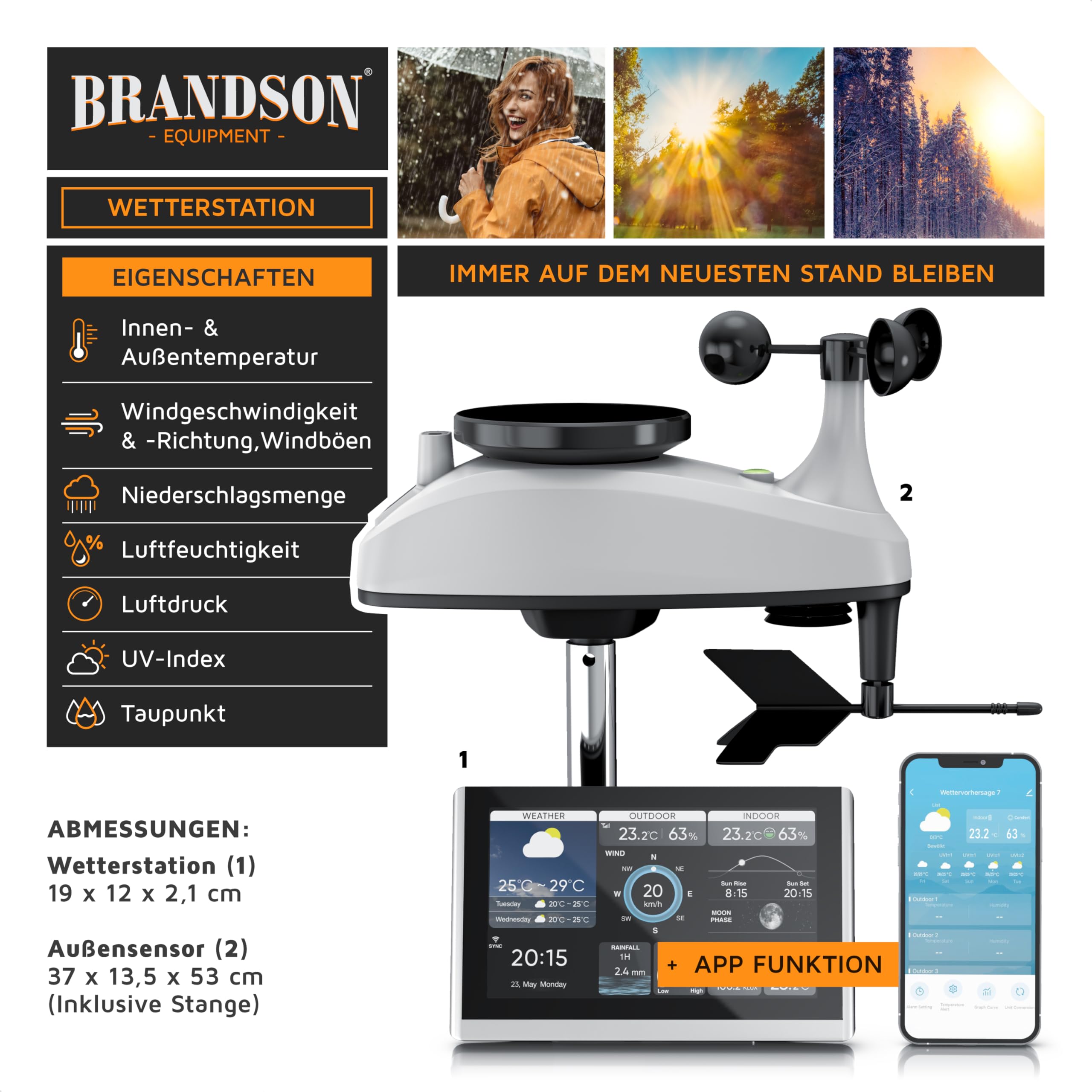 Brandson – Wlan Wetterstation mit TFT Farbdisplay – 7 in 1 Funk Außensensor – mit Tuya Smart App – Trend-Diagramme – Windgeschwindigkeit Windrichtung Regenmesser Temperatur Luftfeuchtigkeit Niederschl