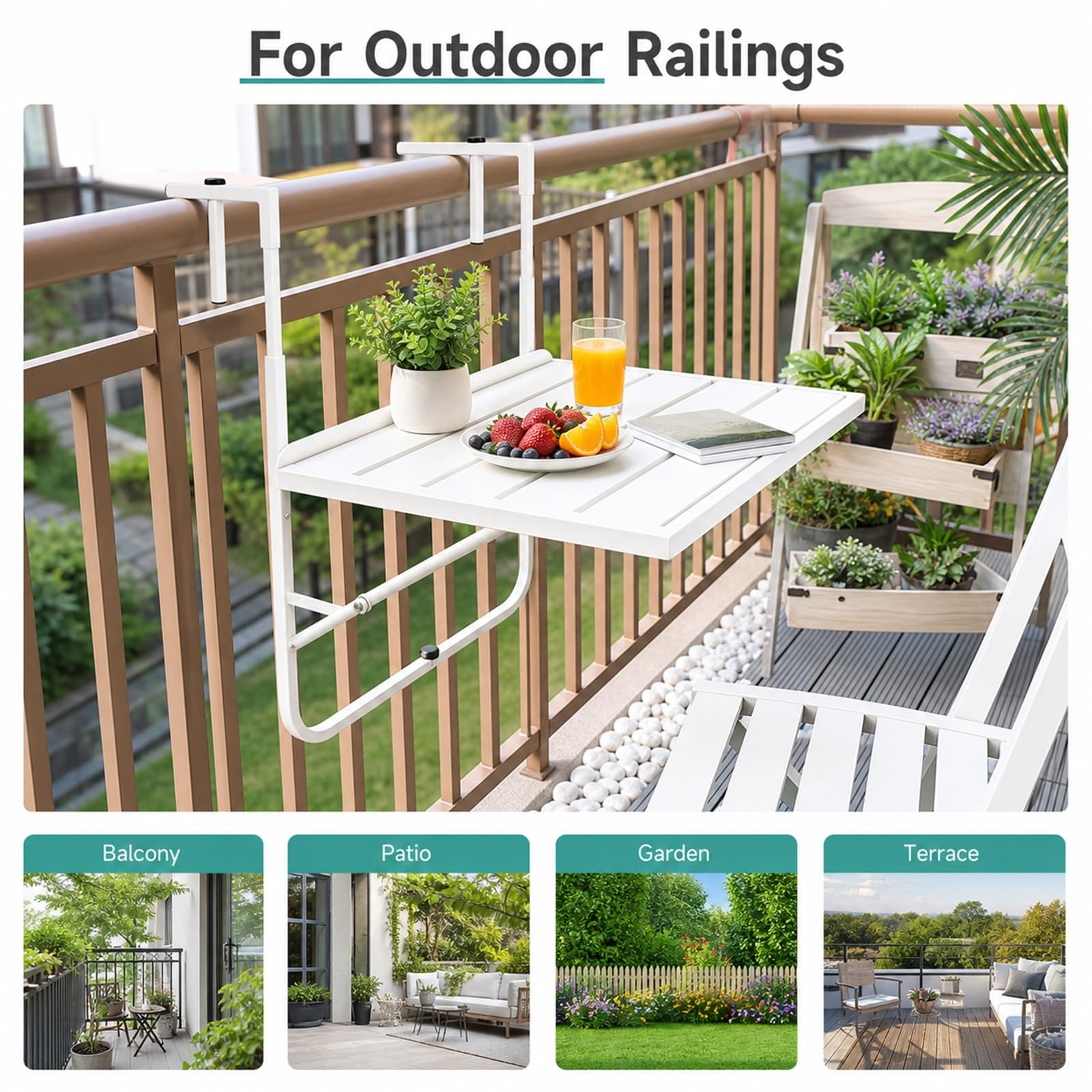 Tavolo sospeso da Balcone Tavolo da Appendere Ringhiera Tavolo Sospeso Pieghevole in per Ringhiera del Balcone Salvaspazio Facile da Pulire per terrazza,Giardino,Balcone e Veranda