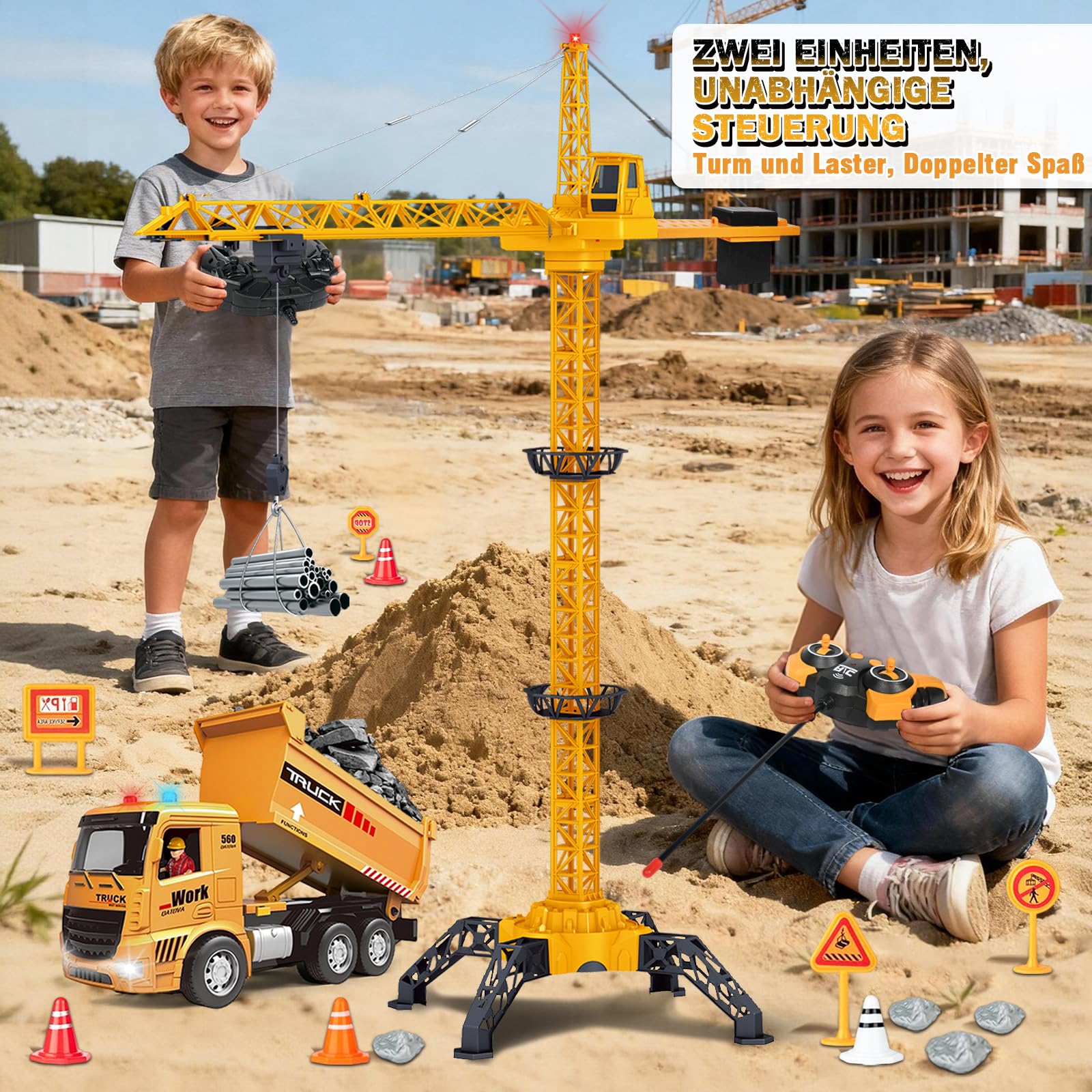 HILKKET Gru a Torre Telecomandata 138 cm, RC Gru a Torre, 2,4 Hz, 6 Canali Grue Telecommandée, Crane De Chantier Enfant con RC Dumper, Luci, Suono Grue Radiocomandata pour Enfants