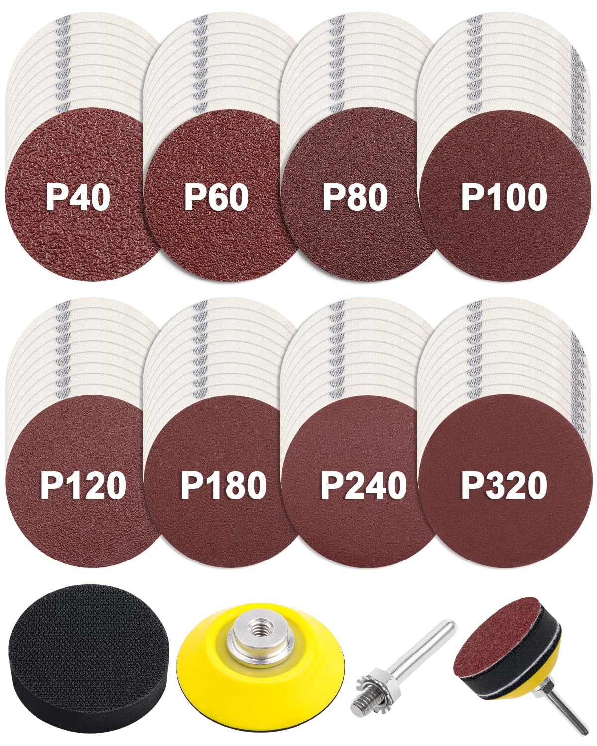 JatilEr 80 sztuk papieru ściernego, mocowane na rzep 50 mm, krążki szlifierskie, 2 cale, okrągłe, ziarnistość: P40, P60, P80, P100, P120, P180, P240, P320, krążki szlifierskie mimośrodowe, zestaw