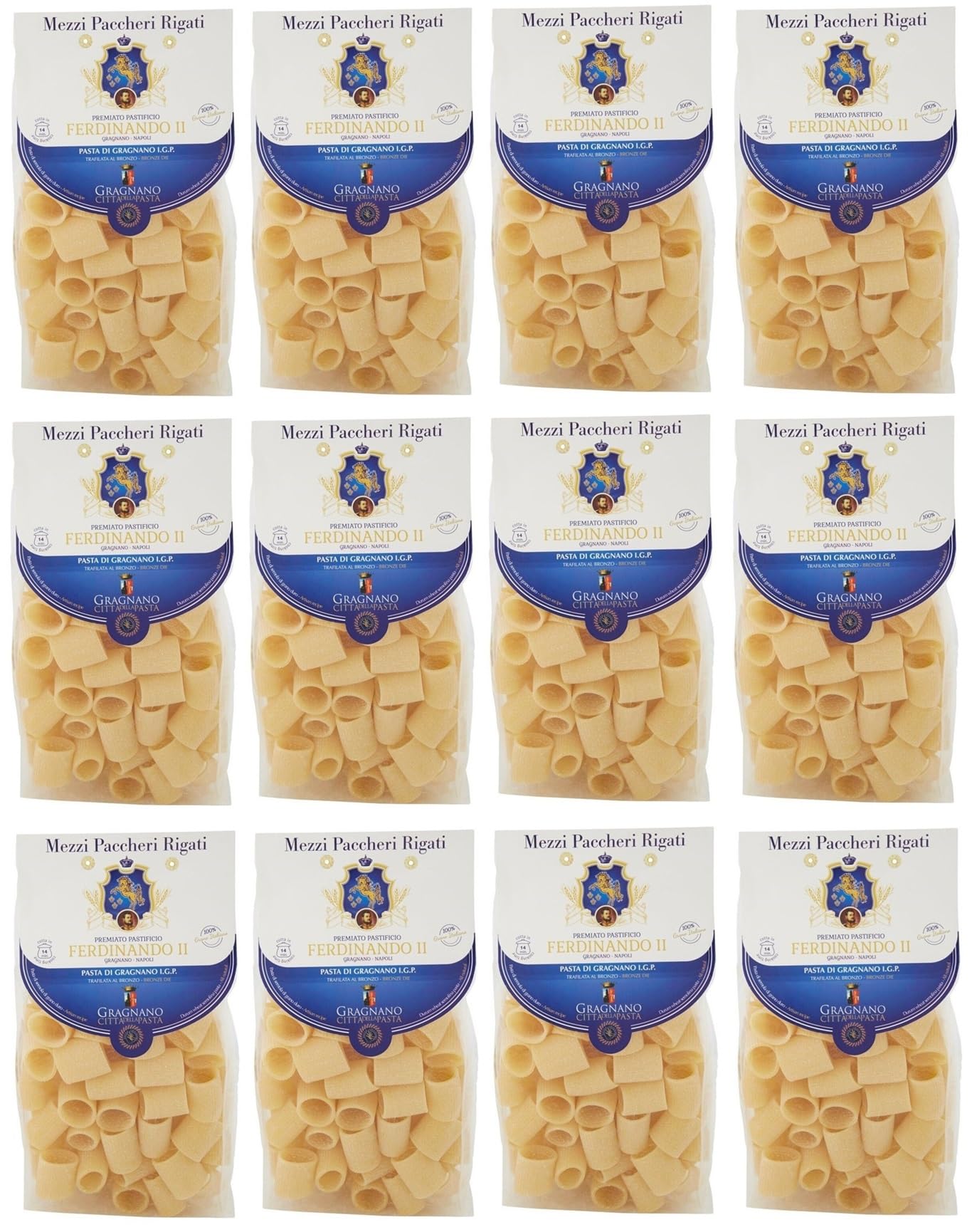 12er-Pack Pastificio Ferdinando II Mezzi Paccheri Rigati Pasta di Gragnano I.G.P.,Nudeln aus Hartweizengrieß 500g