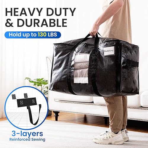 Miniatura 5 de TAILI - Bolsas de mudanza extra grandes, paquete de 4 bolsas negras resistentes para almacenamiento con ventana visible, asas envolventes,