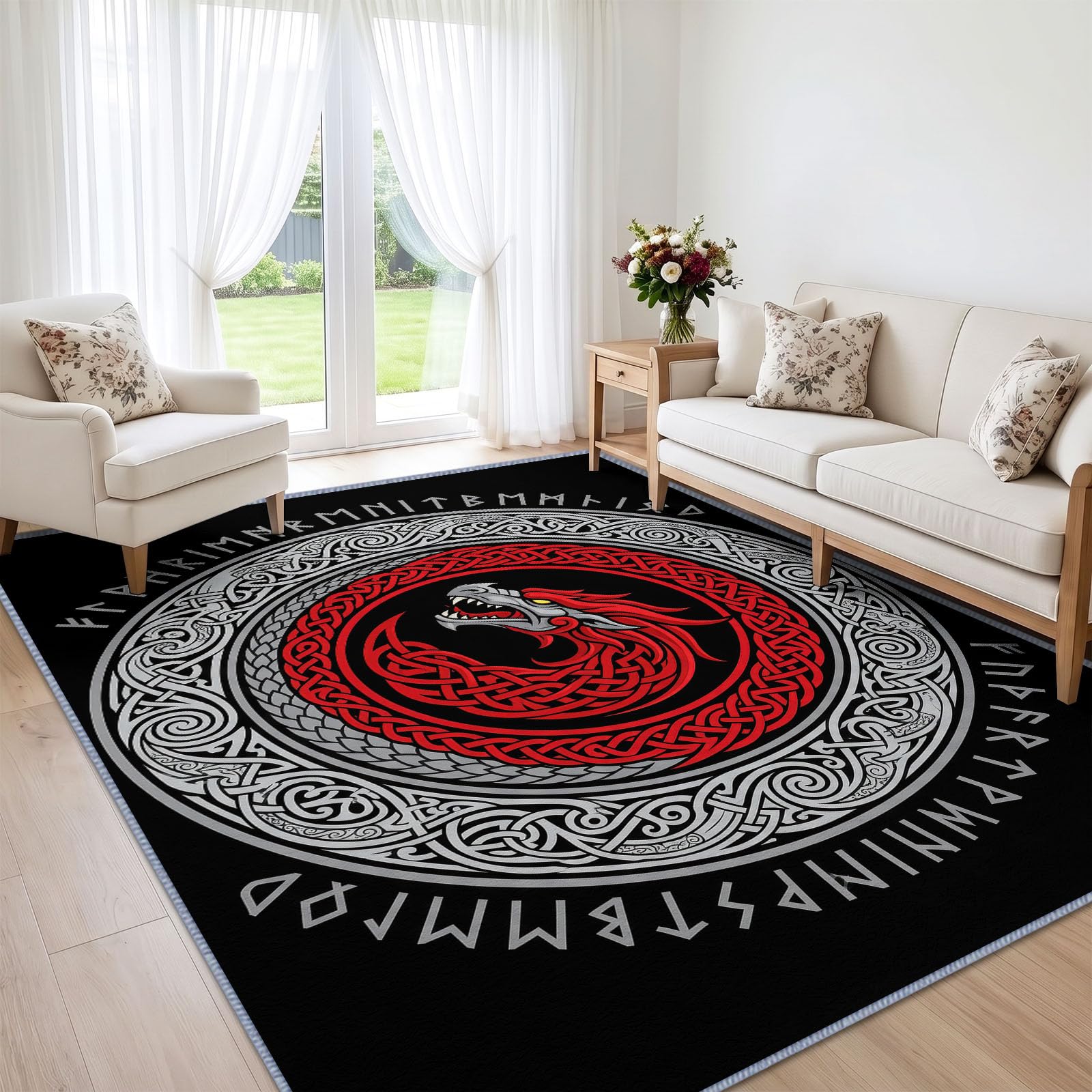 Celtycki styl wikingów antypoślizgowy dywan do salonu, 140 x 200 cm, do sypialni, uroboros, głowa smoka, młodzieżowy, dywan, miękki, krótki, można prać w pralce, nie gubi włosia