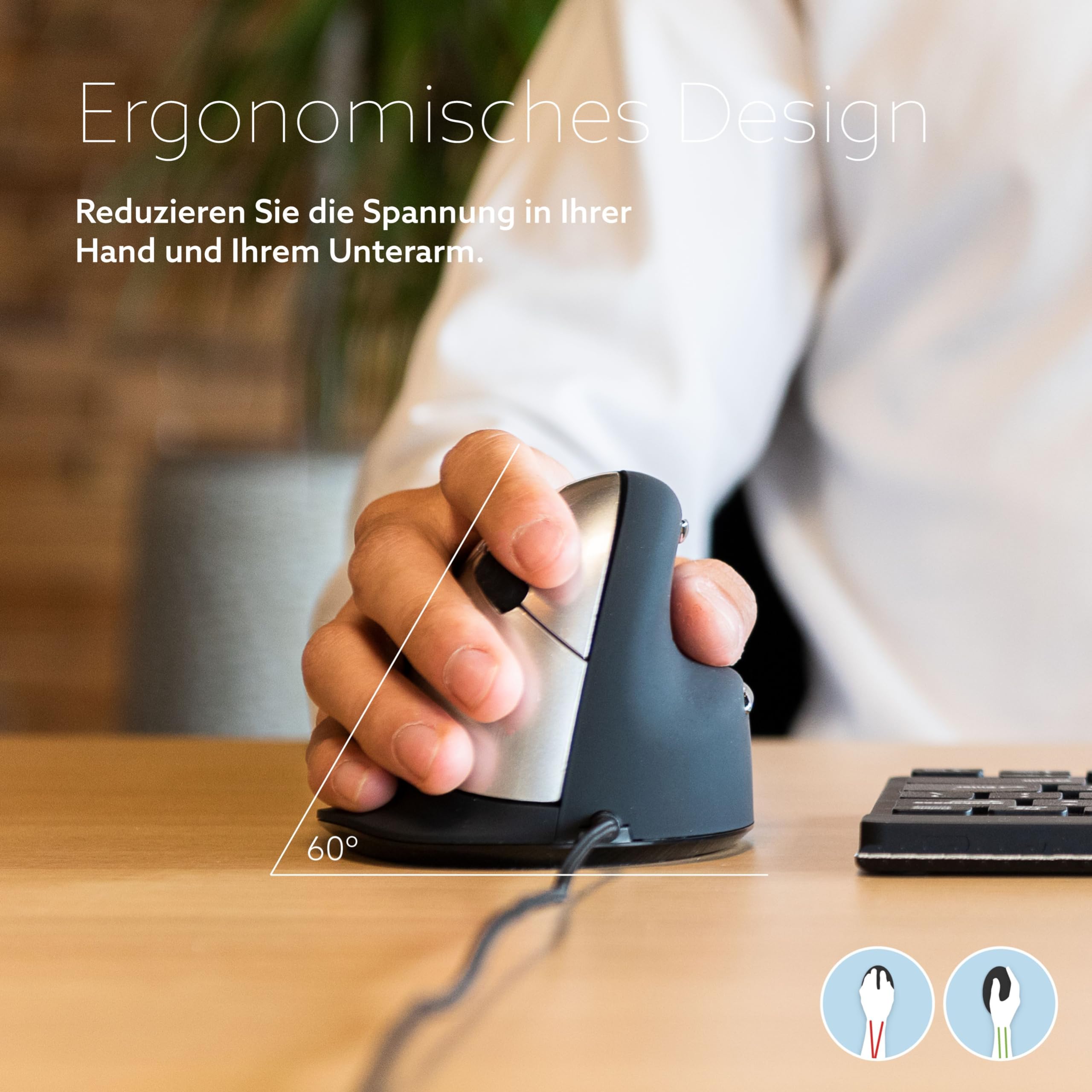 R-Go HE Ergonomische Maus, Für große Hand, Mit Break-Software, Stilles Klicken, (USB C Kabelkabelgebunden + USB A Konverter), 2400DPI, 5 Tasten, Vertikale Ergo Maus für Windows/MacOS