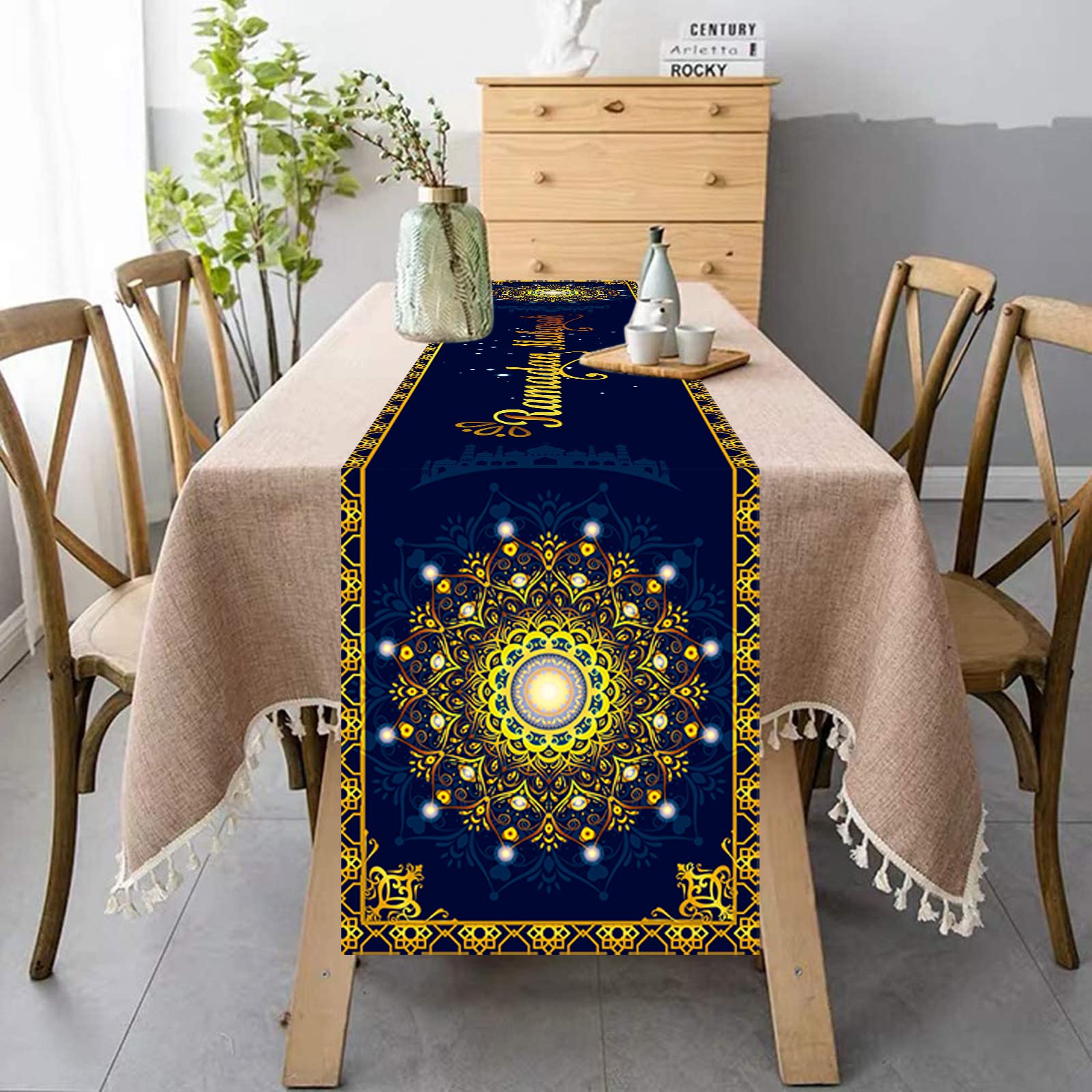 Ramadan Table Runner - Eid Mubarak Mosque Islamic Golden Moon Decor (13x72 Inch)