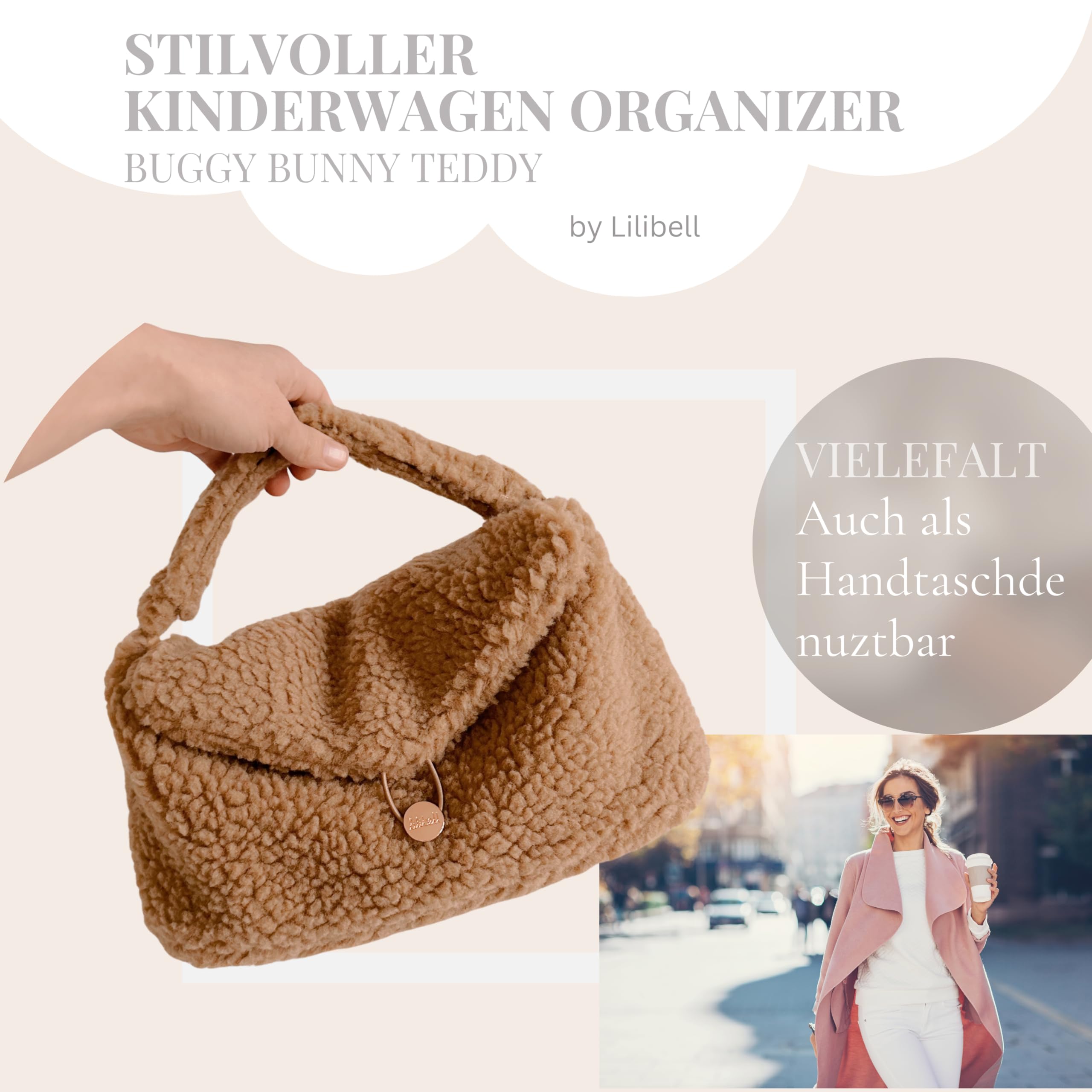 Buggy Kinderwagen Organizer mit Isolierte Getränkehalter, Universal Stylisch & Praktisch Kinderwagen tasche, waschbar Baby Wickeltasche für Kinderwagen, Bunny Bunny (Teddy Beige)