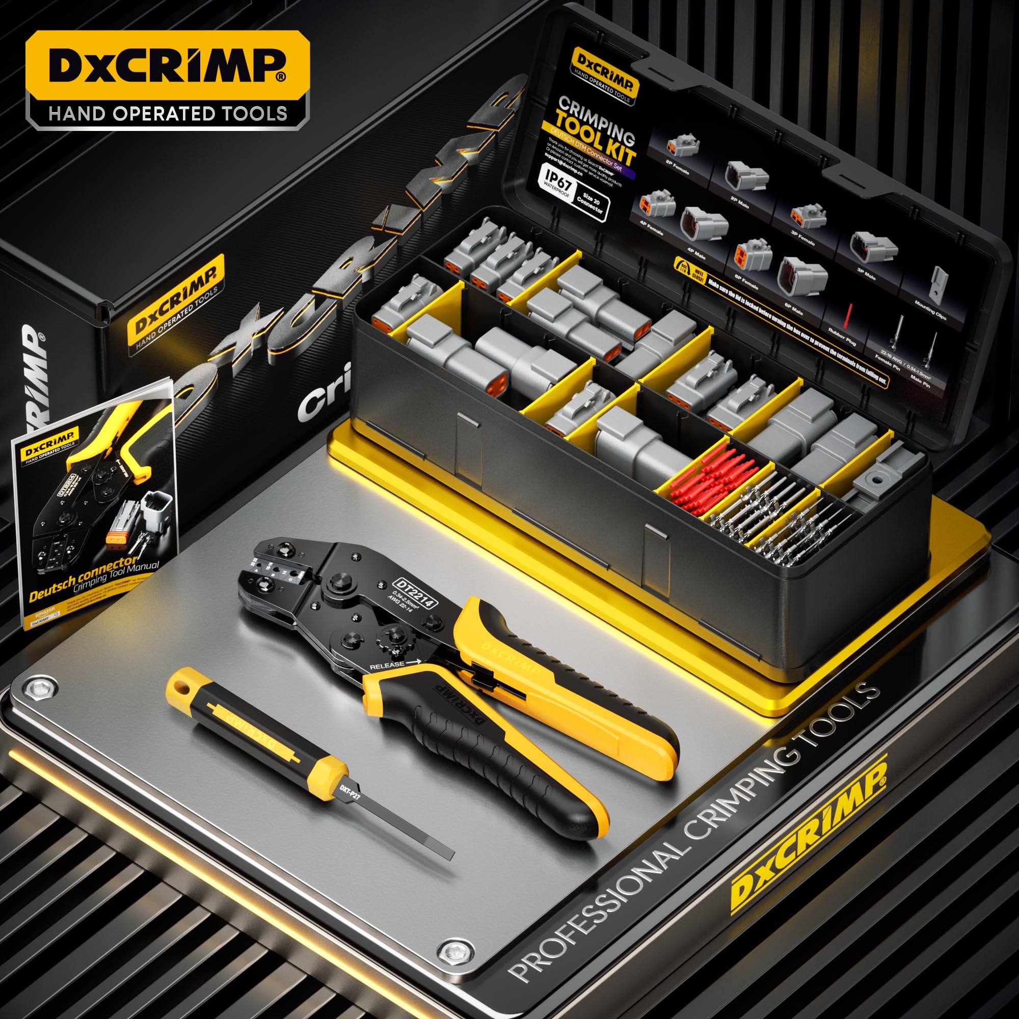 DxCRIMP Kit Pinza Crimpatrice per Connettori Serie DTM, Connettori Impermeabili 2/3/4/6 Pin, Contatti T20 (22-16AWG/0.34-1.5mm²), Cricchetto Spelafili e Utensili Rimozione, Compatibile con Deutsch DTM