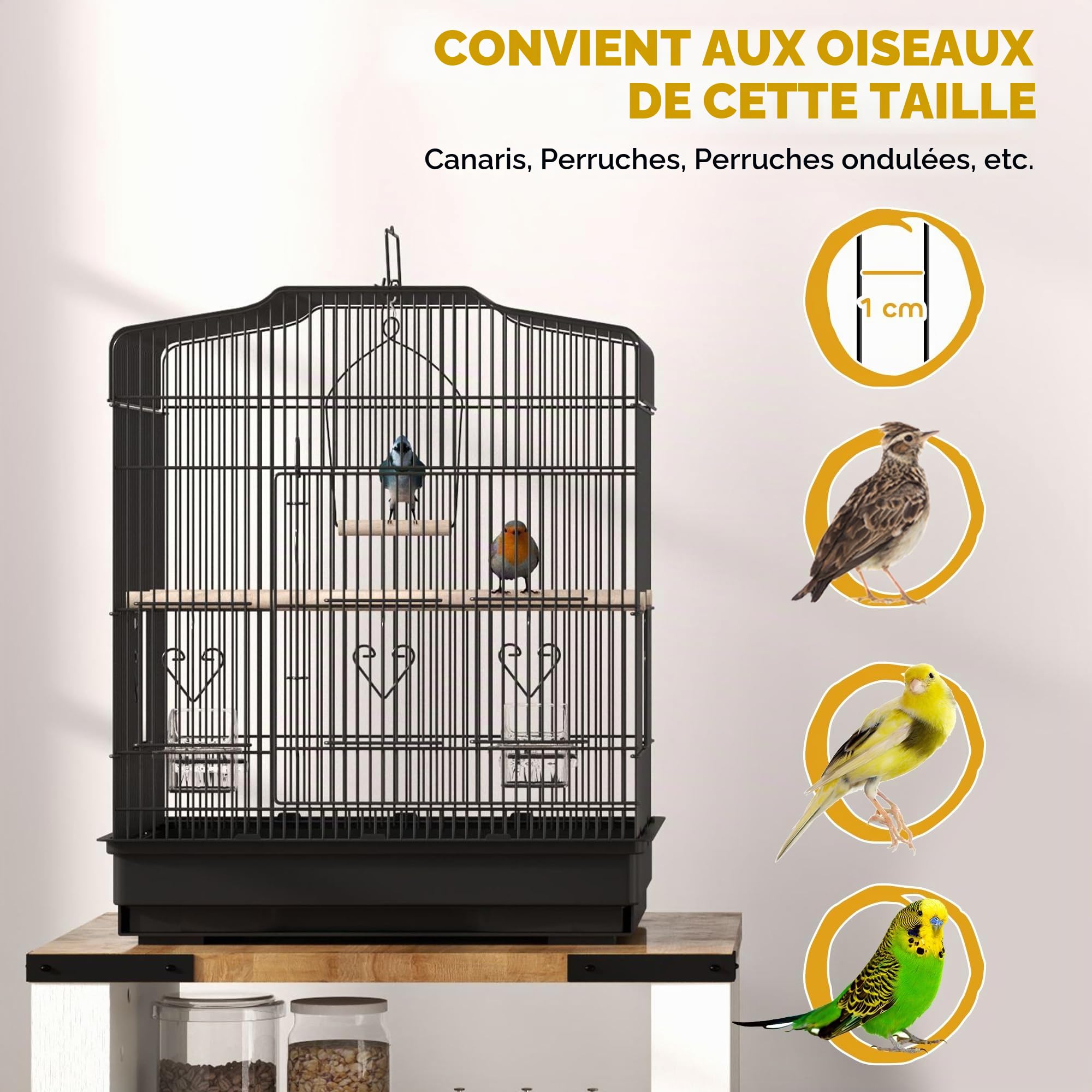 PawHut Cage à Oiseaux avec perchoirs pour Petit Oiseau 46,5x36x59 cm Noir | Gamelles, Balançoire, Cage à perroquet pour Budgie, Perruche