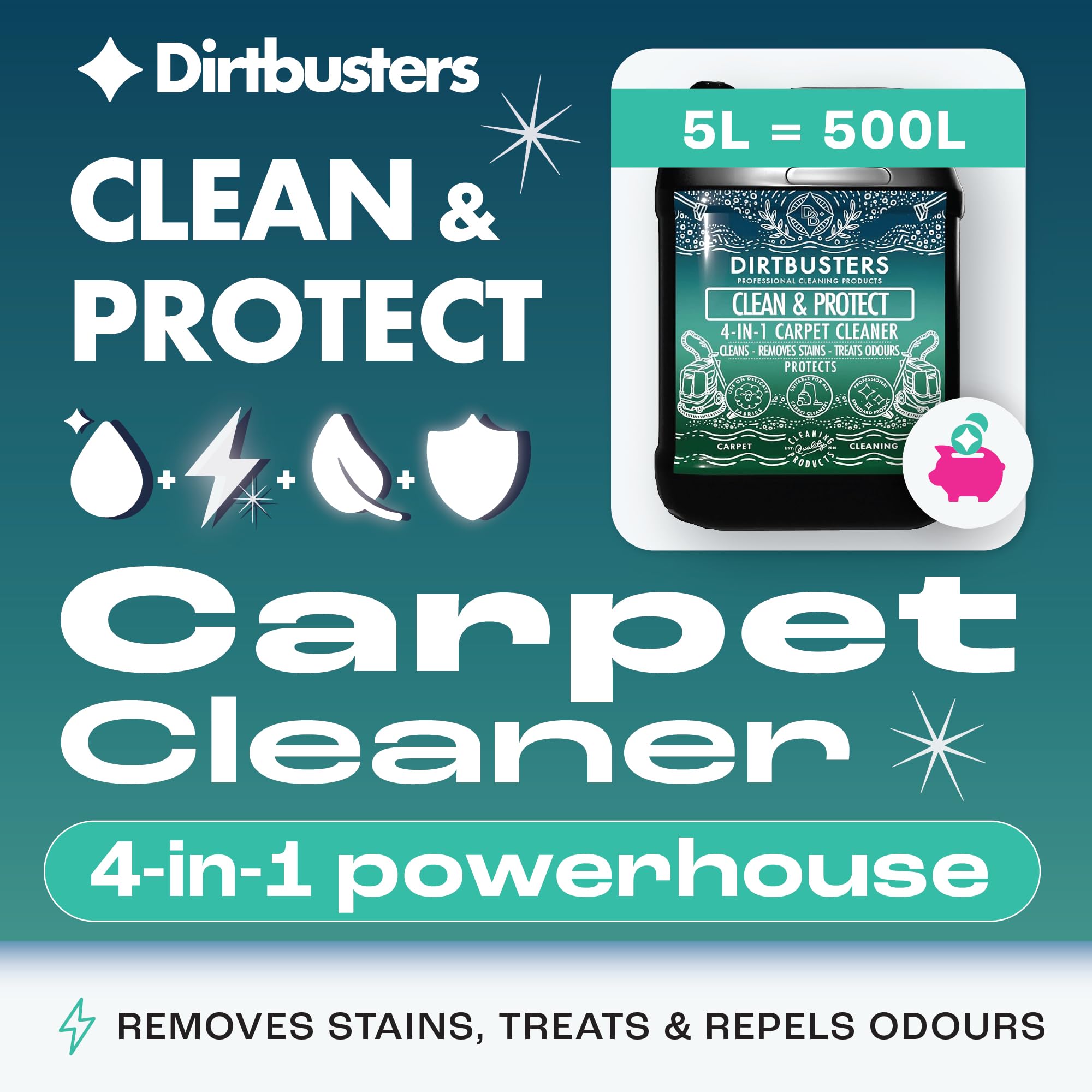 Dirtbusters Nettoyant Désodorisant Concentré 4 en 1 pour Tapis/Tissu, Protège et Neutralise les Odeurs - Shampoing des Machines Lavant par Extraction, Parfum Citron Frais 5L