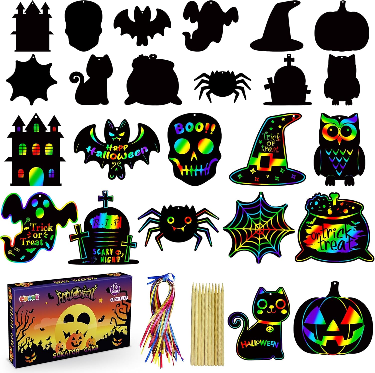 OHOME Halloween Party Favors - 48 PCS Magic Rainbow Scratch Paper Cards Set for Kids - Kids Halloween Games Crafts Treats Toys Gifts - Trick-or-Treat Activities Party Decorations Supplies