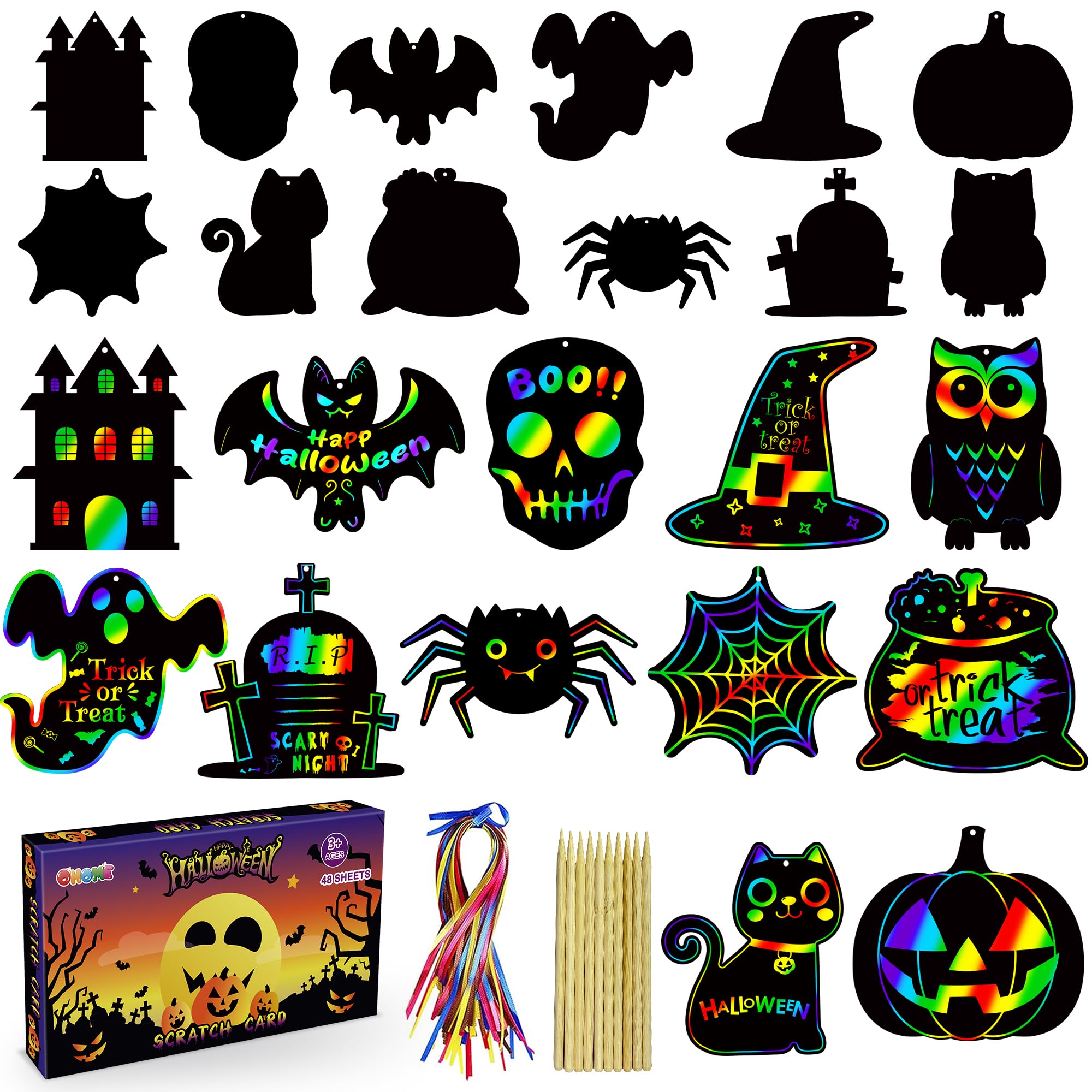 OHOME Halloween Party Favors - 48 PCS Magic Rainbow Scratch Paper Cards Set for Kids - Kids Halloween Games Crafts Treats Toys Gifts - Trick-or-Treat Activities Party Decorations Supplies