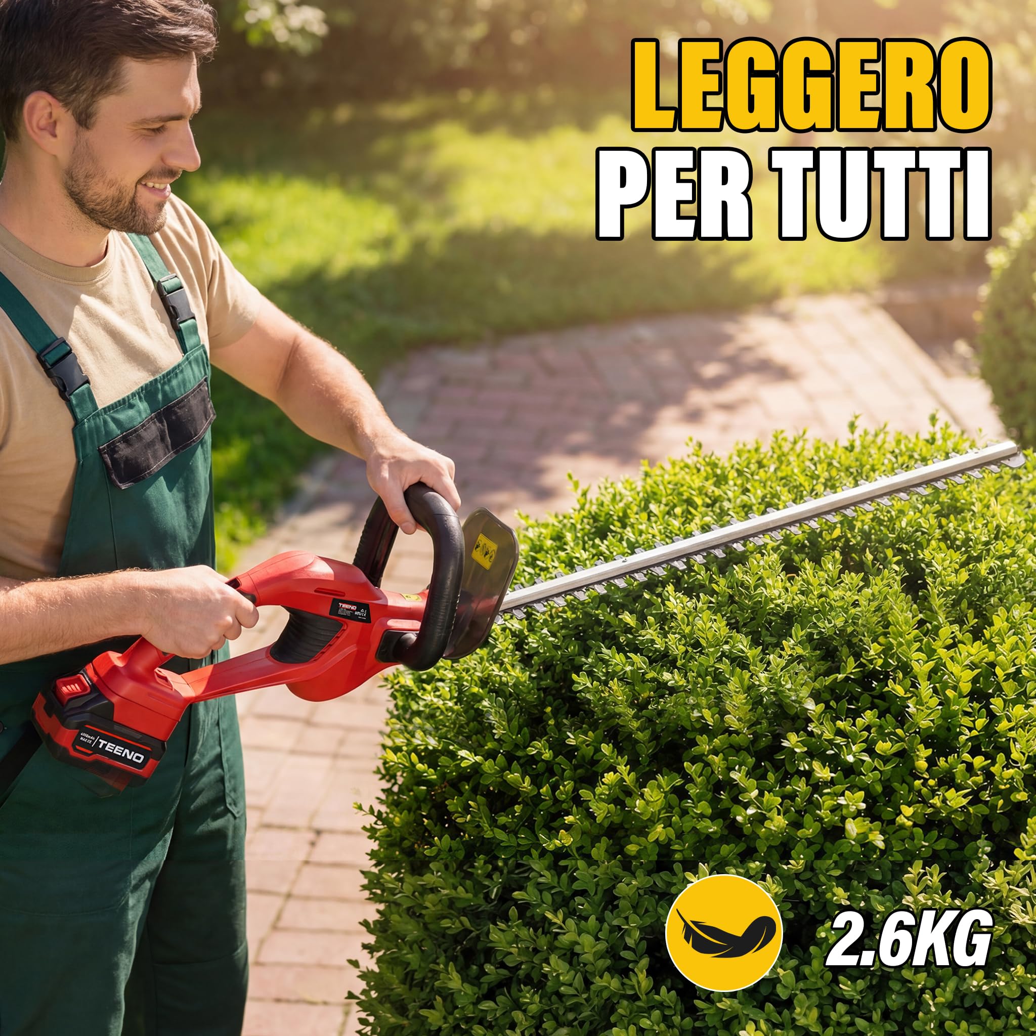 TEENO Tagliasiepi a Batteria 20 V: Tagliasiepi elettrico con 1 batteria 4000 mAh, lama 52 cm, taglio 16 mm, impugnatura girevole a 180°, per giardino, siepi, arbusti e cespugli