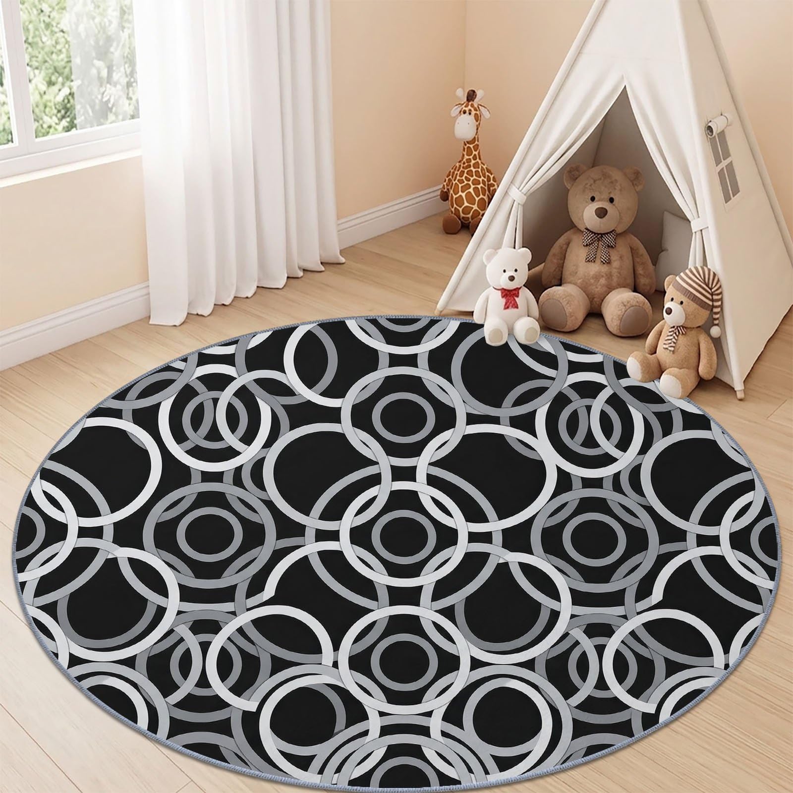 Tapis Rond Salon Moderne Geometrique Cercle Anneau Abstrait Noir Gris Doux Poil Ras Tapis de Sol Décoration Antidérapant pour Salon Chambre Cuisine Balcon Terrasse Salle à Manger Intérieur 160 cm