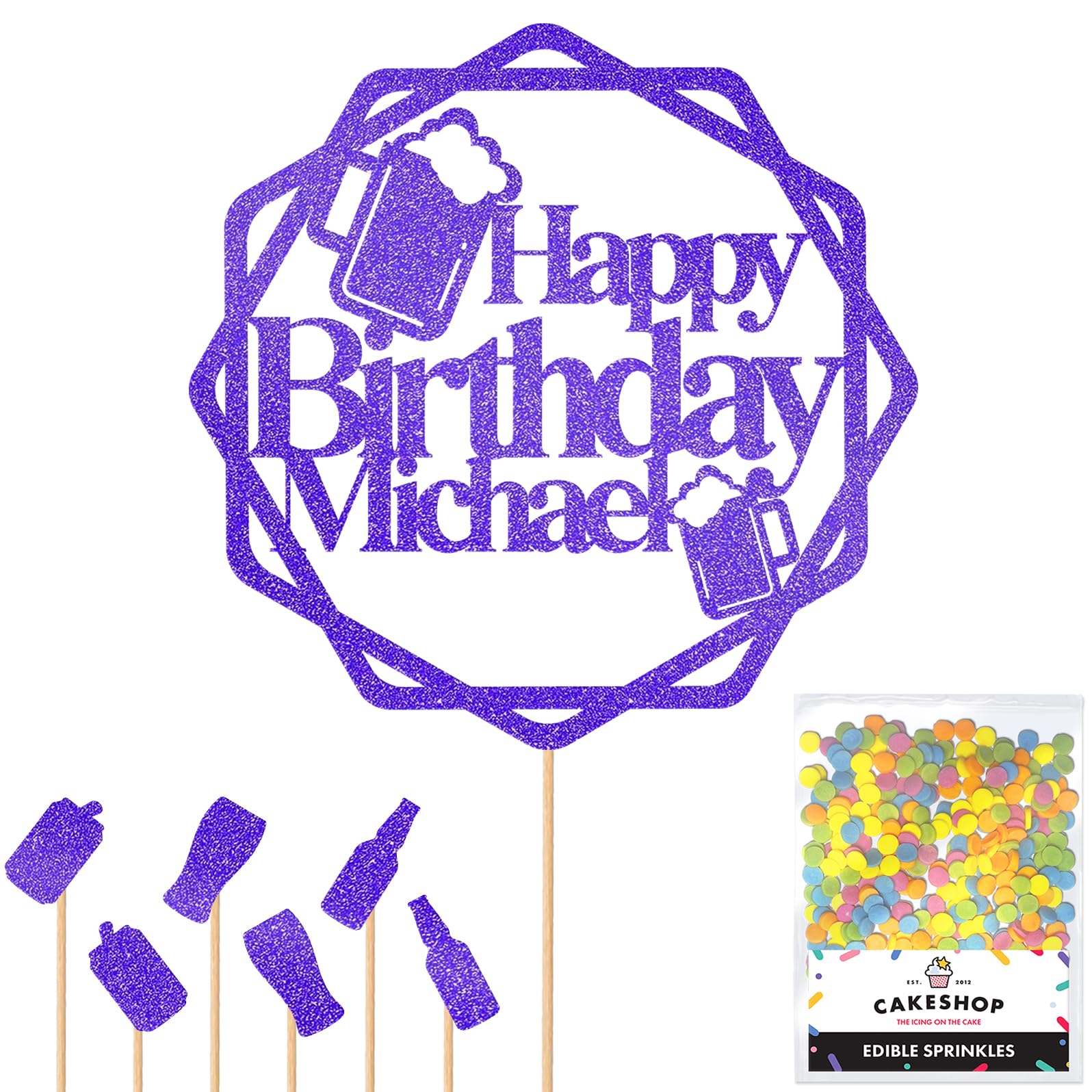 Personalised Cheers Lager Ale Beer Glitter Cake Topper - Bright Blue Custom Age Glitter Cake Decoration and Sprinkles - Happy Birthday Decorations - Personalised Toppers for Cakes by Cakeshop