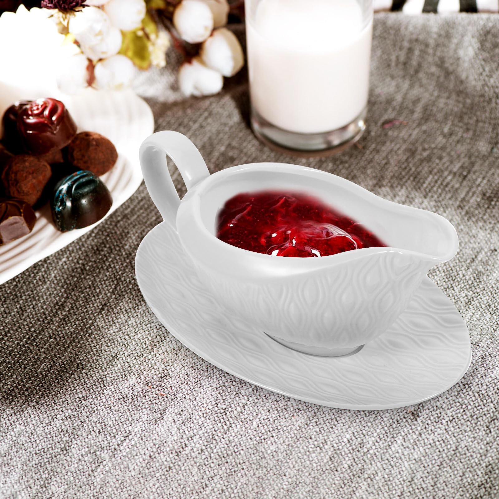 Keramik Saucenkrug mit Henkel Weißer Sauciere mit Untertasse Spülmaschinenfest Vielseitig für Soßen Dressings Milch für Bbq Familienfeiern Picknick und Teeparty