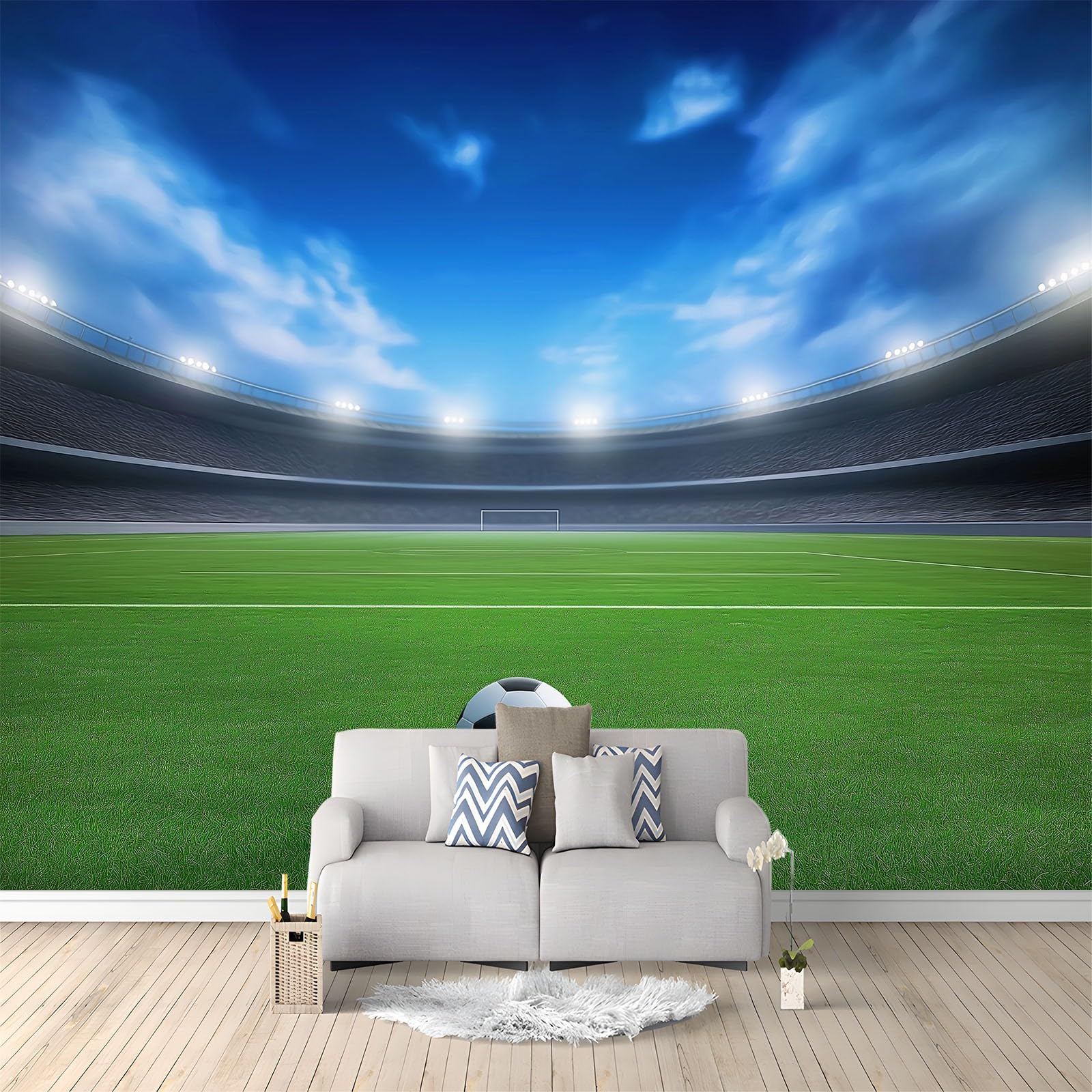 Tapeta 3D, boisko do piłki nożnej, piłka nożna, 350 x 256 cm, murale ścienne, fotografia sportowa z włókniny, fototapeta do salonu, sypialni, pokoju dziecięcego, biura, dekoracja, łatwa instalacja