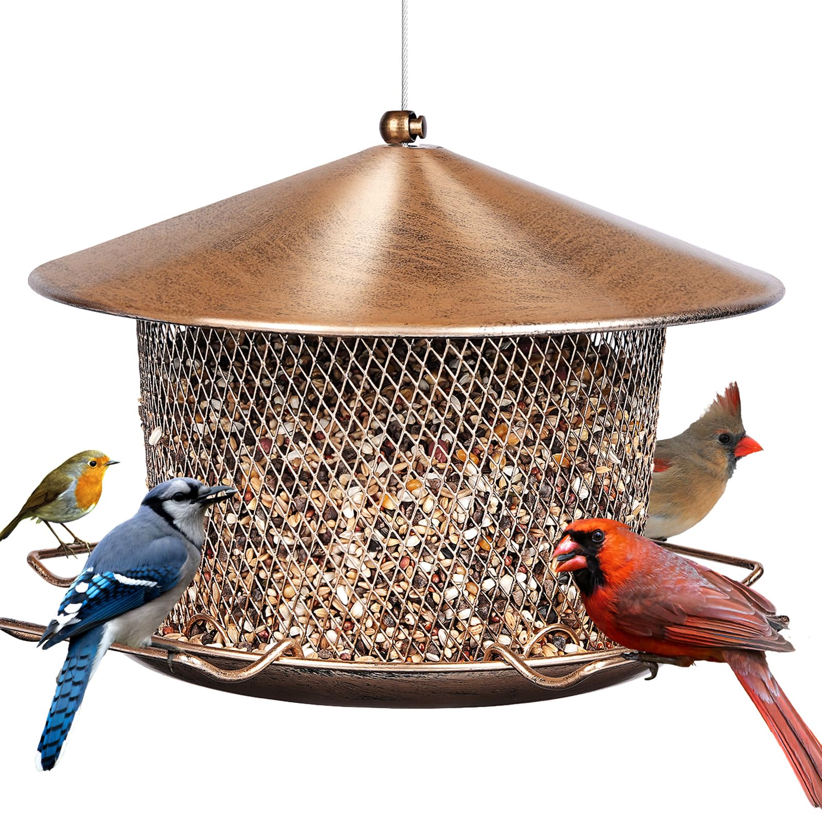 Samhe Bird Feeder for Outdoor, Weatherproof Rainproof All Metal Hanging Wild Bird Feeder with 9.8" Roof, 4.5 LBs Seeds Capacity, Easy to Clean & Refill